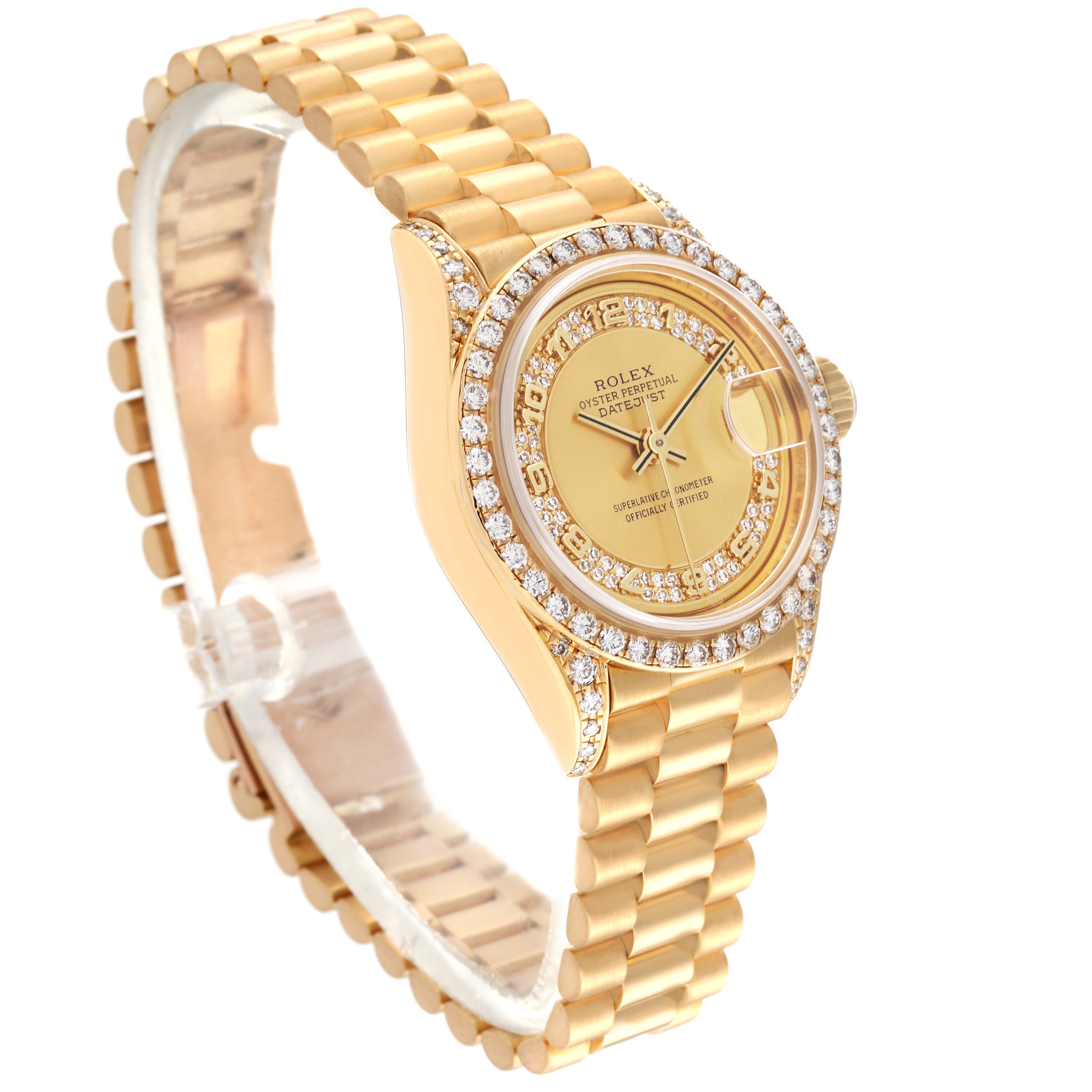 The Rolex President 69158 Women's Yellow Gold Champagne Dial 69158 Women's Yellow Gold Champagne Dial model watch is shown at a three-quarter angle, highlighting its gold case, diamond bezel, dial, and bracelet.