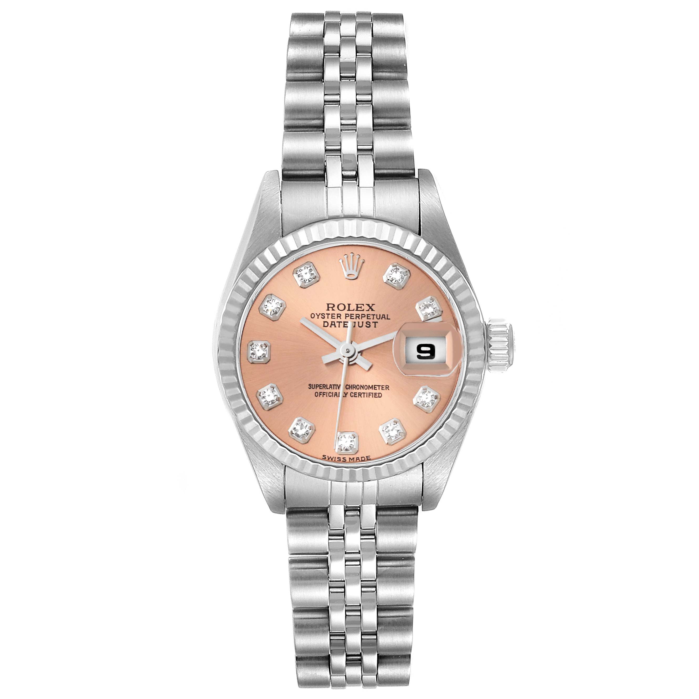 The image shows a Rolex Datejust 79174 Women's Stainless Steel Pink Dial 79174 Women's Stainless Steel Pink Dial watch from a top-down angle, displaying the entire face, bezel, crown, and bracelet.