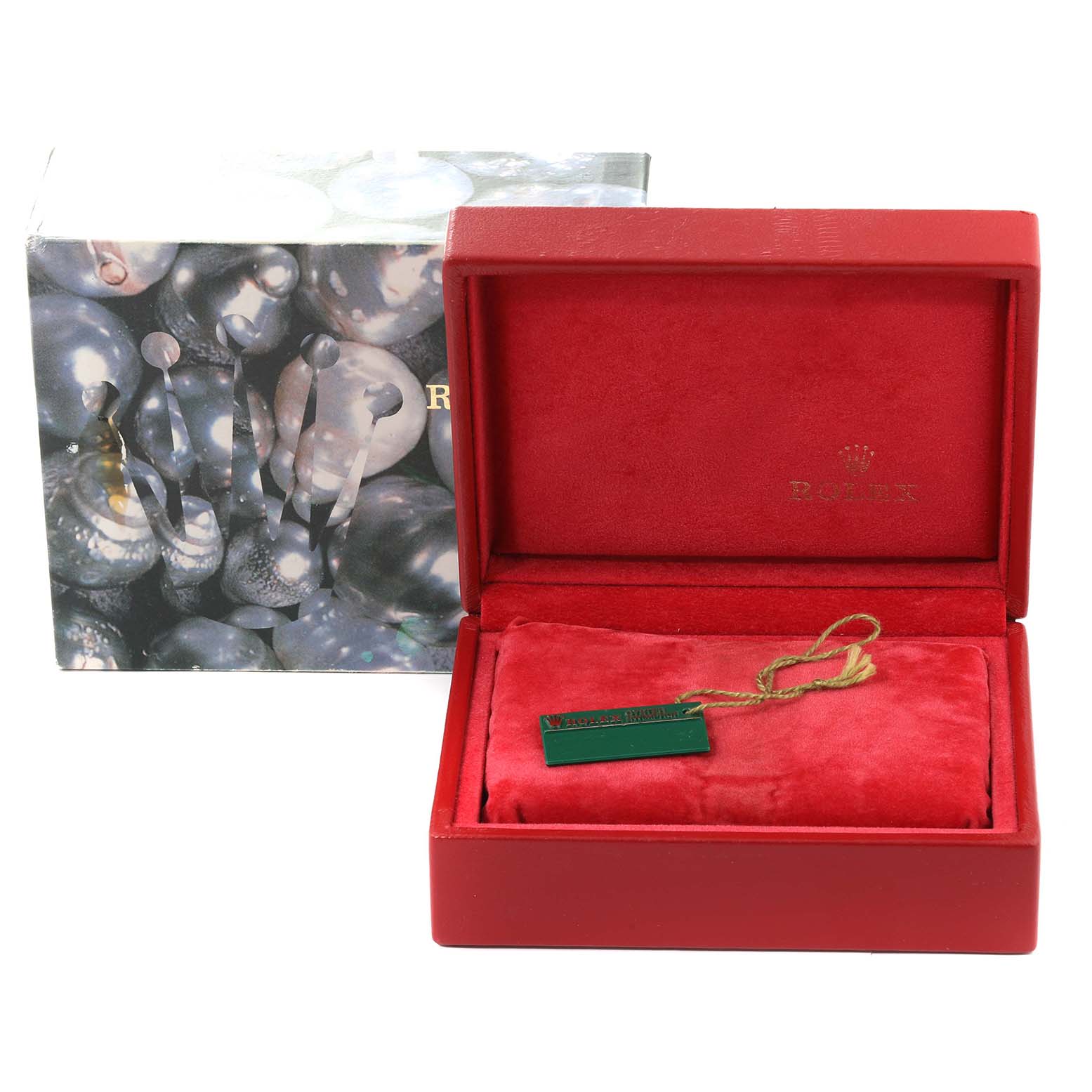 This image shows the packaging, including the outer box and inner red velvet case, for a Rolex Datejust 79174 Women's Stainless Steel Pink Dial 79174 Women's Stainless Steel Pink Dial watch.
