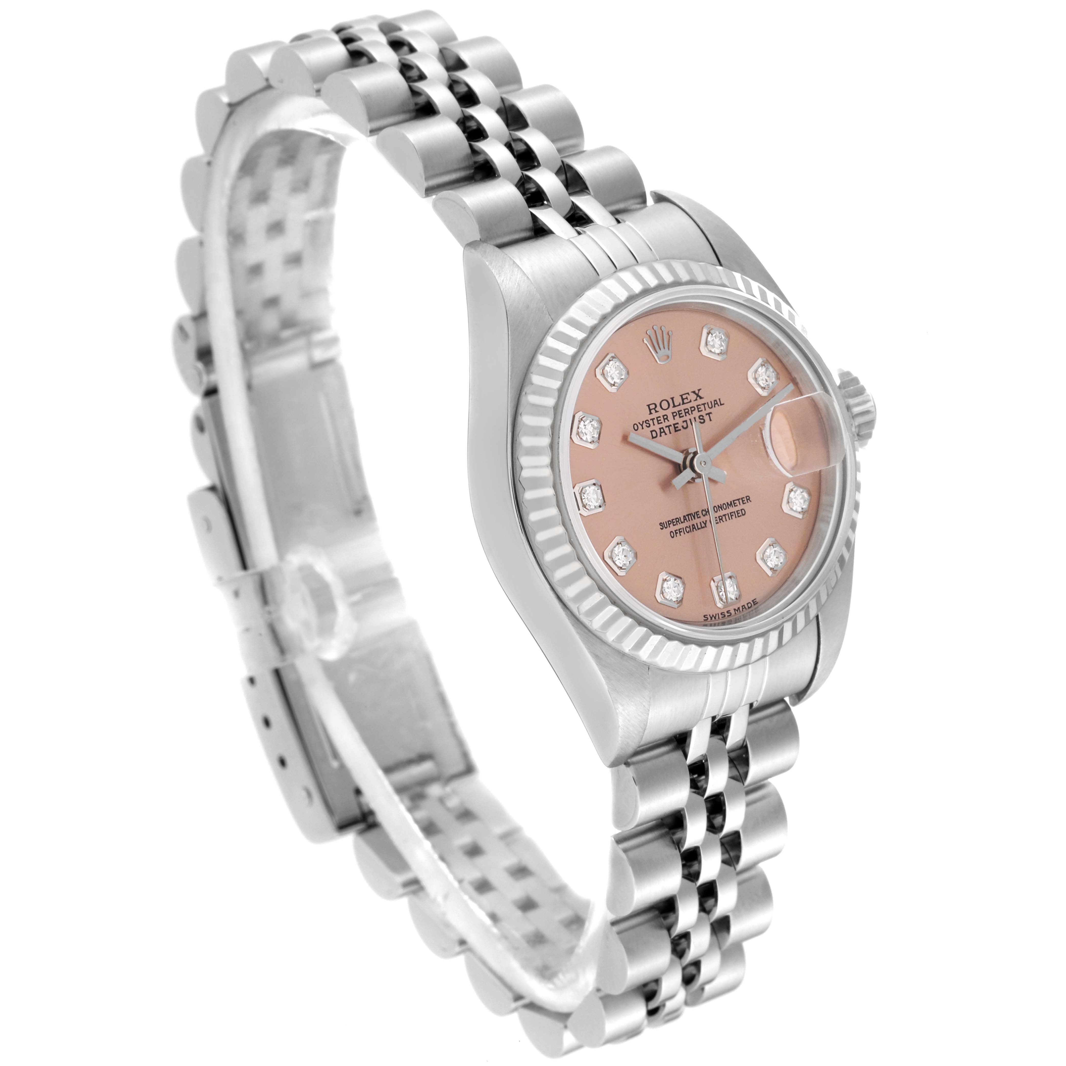 The image shows a Rolex Datejust 79174 Women's Stainless Steel Pink Dial 79174 Women's Stainless Steel Pink Dial watch at a three-quarter angle, highlighting the dial, bezel, crown, and bracelet.