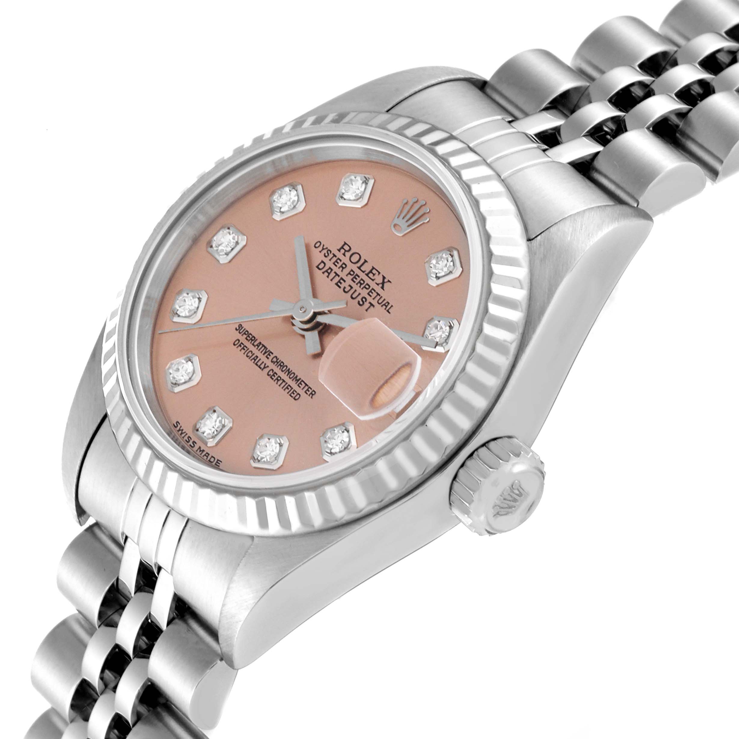 The image shows a Rolex Datejust 79174 Women's Stainless Steel Pink Dial 79174 Women's Stainless Steel Pink Dial watch at an angled side view, highlighting the pink diamond dial, crown, and Jubilee bracelet.