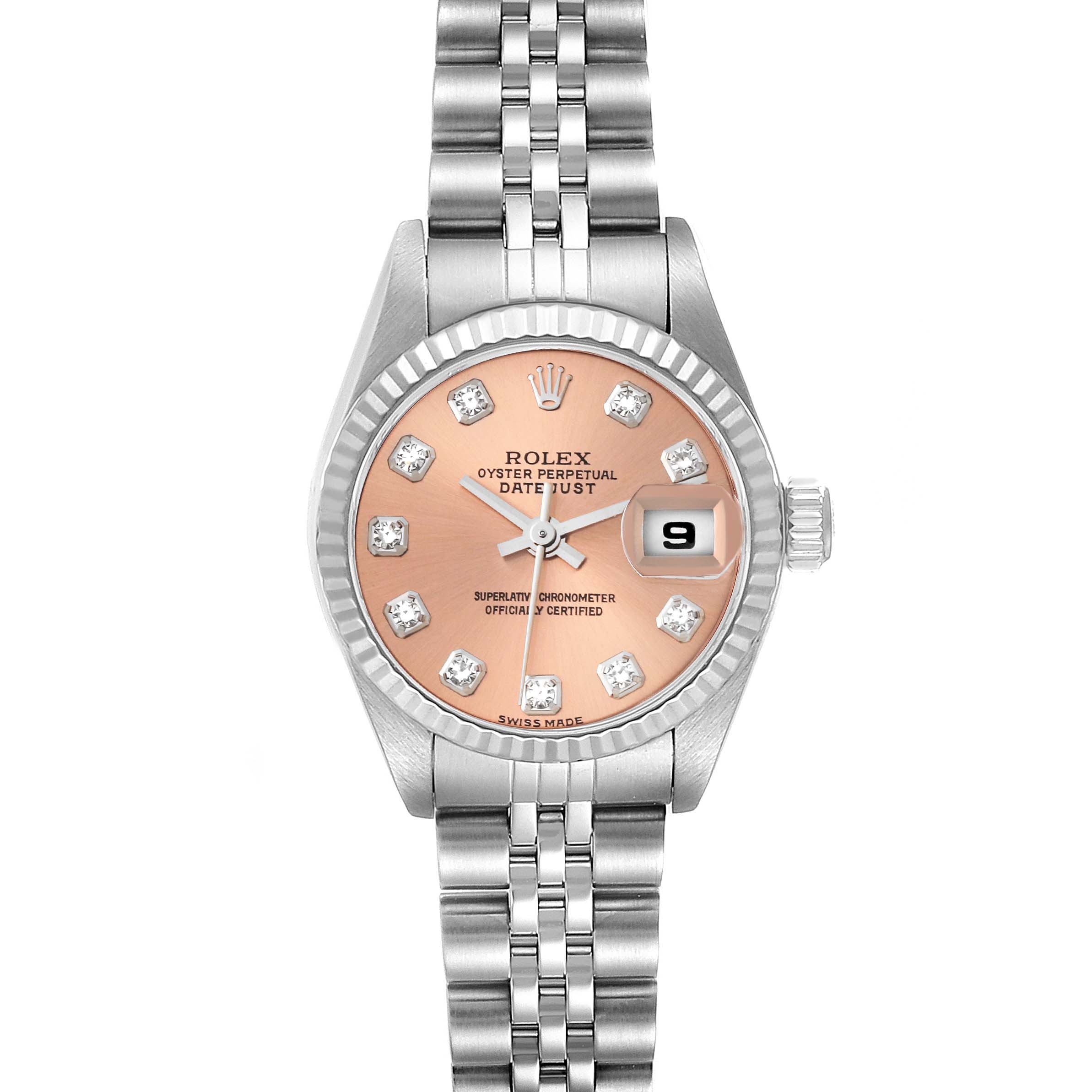 This image shows a front view of a Rolex Datejust 79174 Women's Stainless Steel Pink Dial 79174 Women's Stainless Steel Pink Dial watch with a pink dial, diamond hour markers, and a jubilee bracelet.