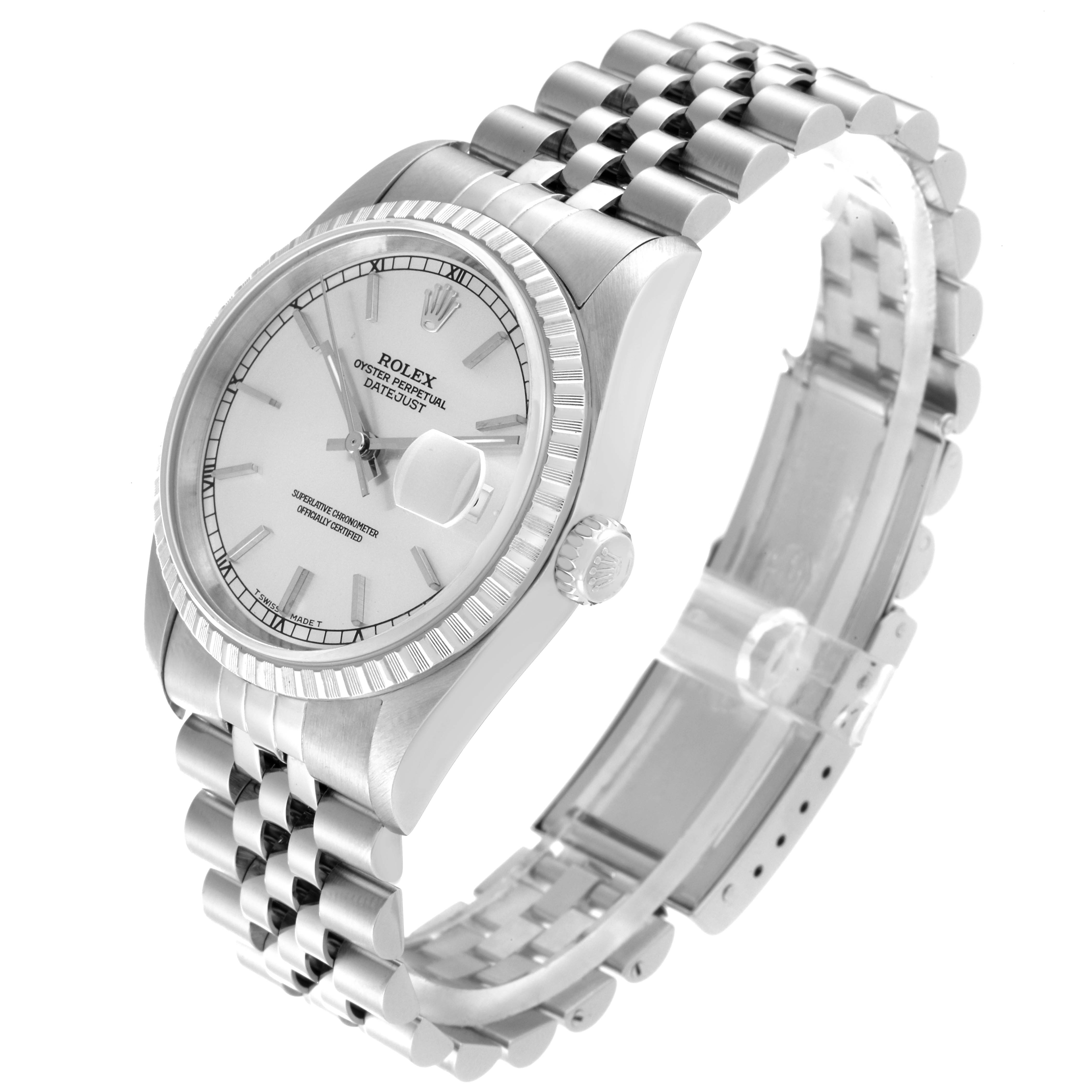 The image shows a Rolex Datejust 16220 Men's Stainless Steel Silver Dial 16220 Men's Stainless Steel Silver Dial watch at a three-quarter angle, highlighting the face, crown, and jubilee bracelet.