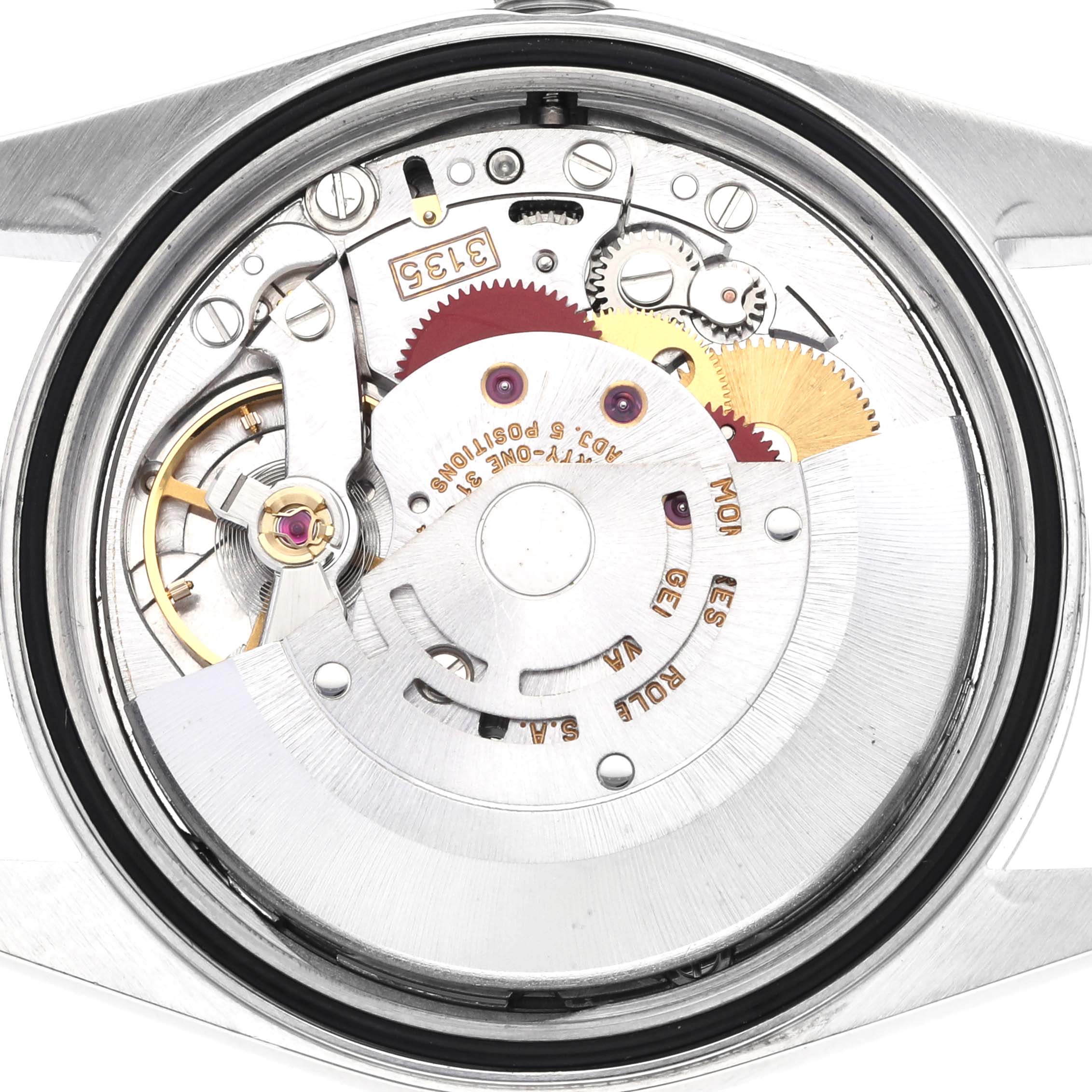 This image shows the inner mechanical movement of a Rolex Datejust 16220 Men's Stainless Steel Silver Dial 16220 Men's Stainless Steel Silver Dial watch from a back view angle.
