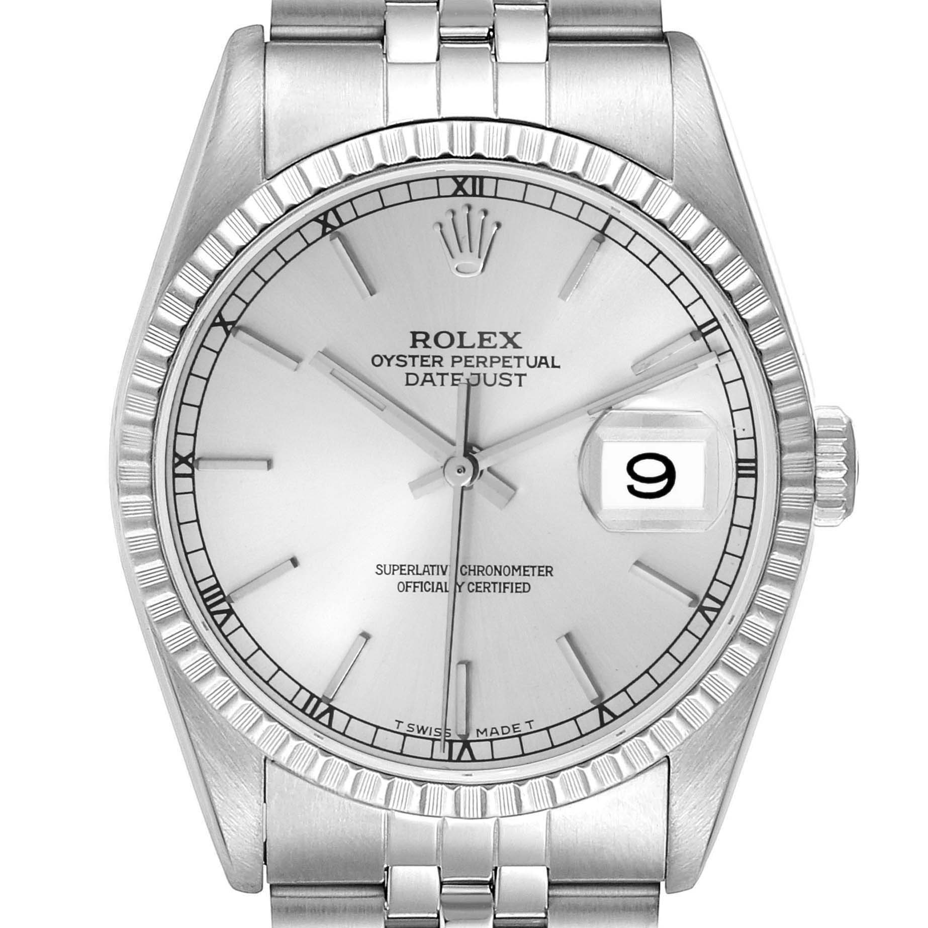 The image shows a front view of the Rolex Datejust 16220 Men's Stainless Steel Silver Dial 16220 Men's Stainless Steel Silver Dial watch with its silver dial, fluted bezel, and date window at 3 o'clock.