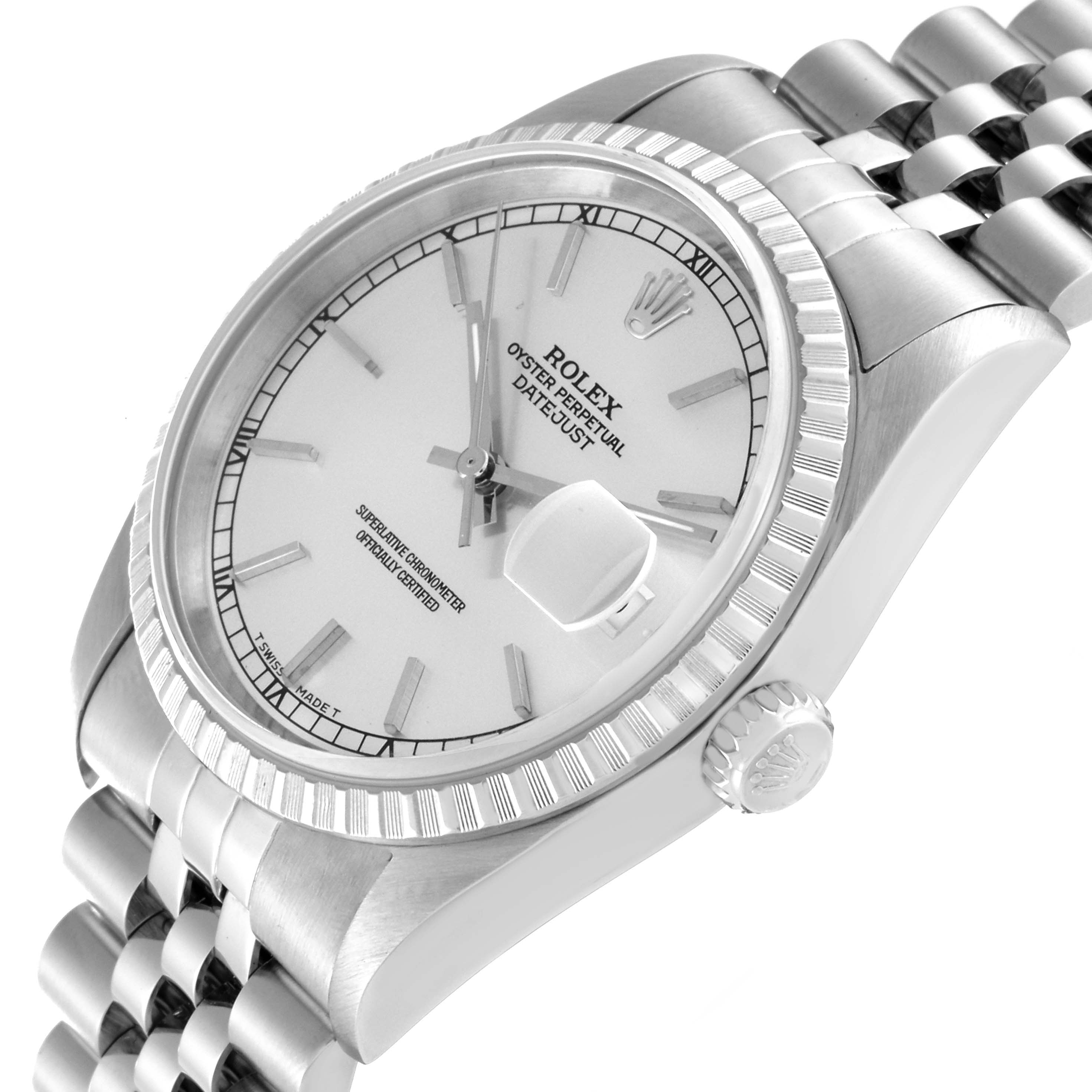 The image shows a Rolex Datejust 16220 Men's Stainless Steel Silver Dial 16220 Men's Stainless Steel Silver Dial watch at a three-quarter angle, highlighting the dial, bezel, crown, and part of the bracelet.