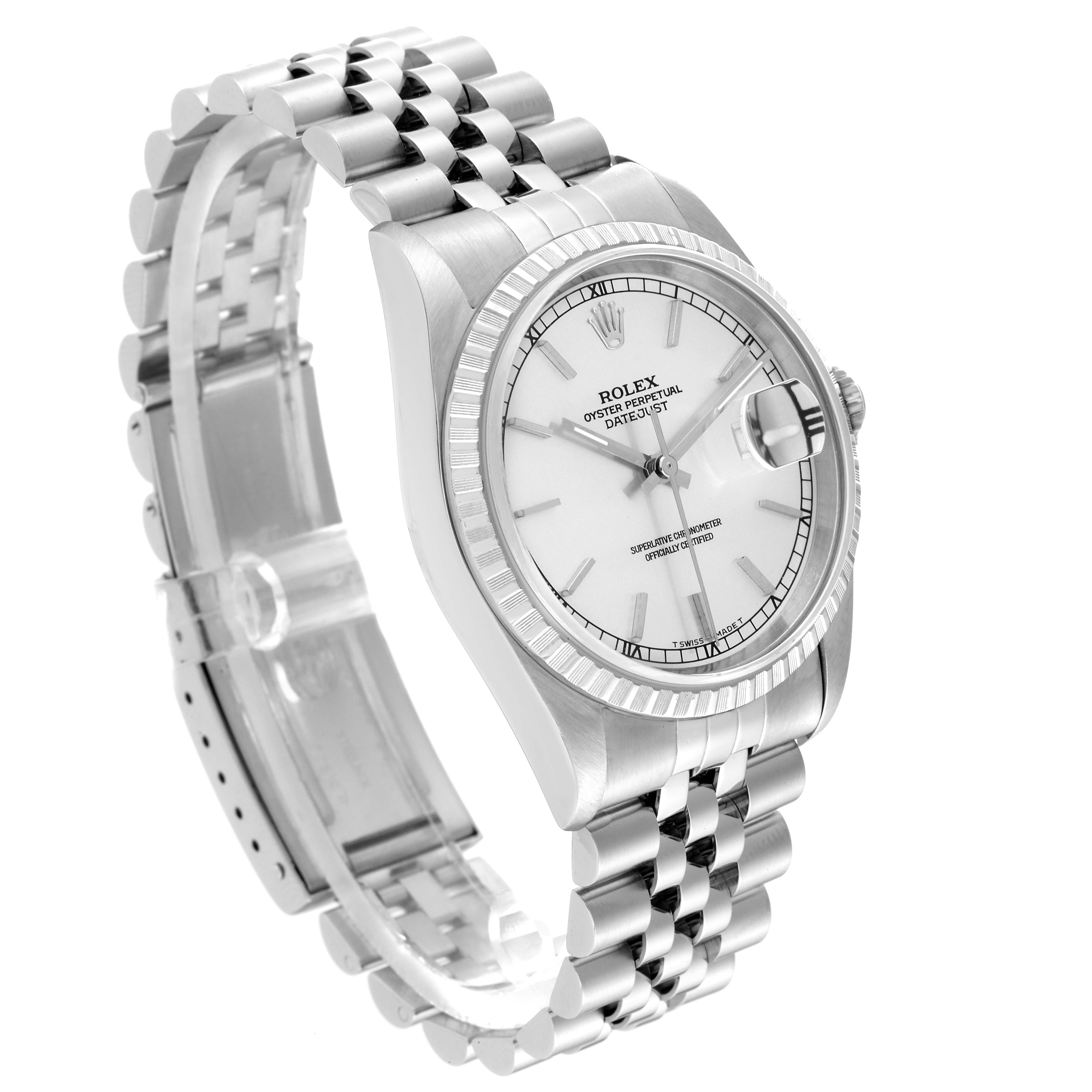 The image shows a Rolex Datejust 16220 Men's Stainless Steel Silver Dial 16220 Men's Stainless Steel Silver Dial watch at a slight side angle, highlighting its case, bracelet, dial, and fluted bezel.