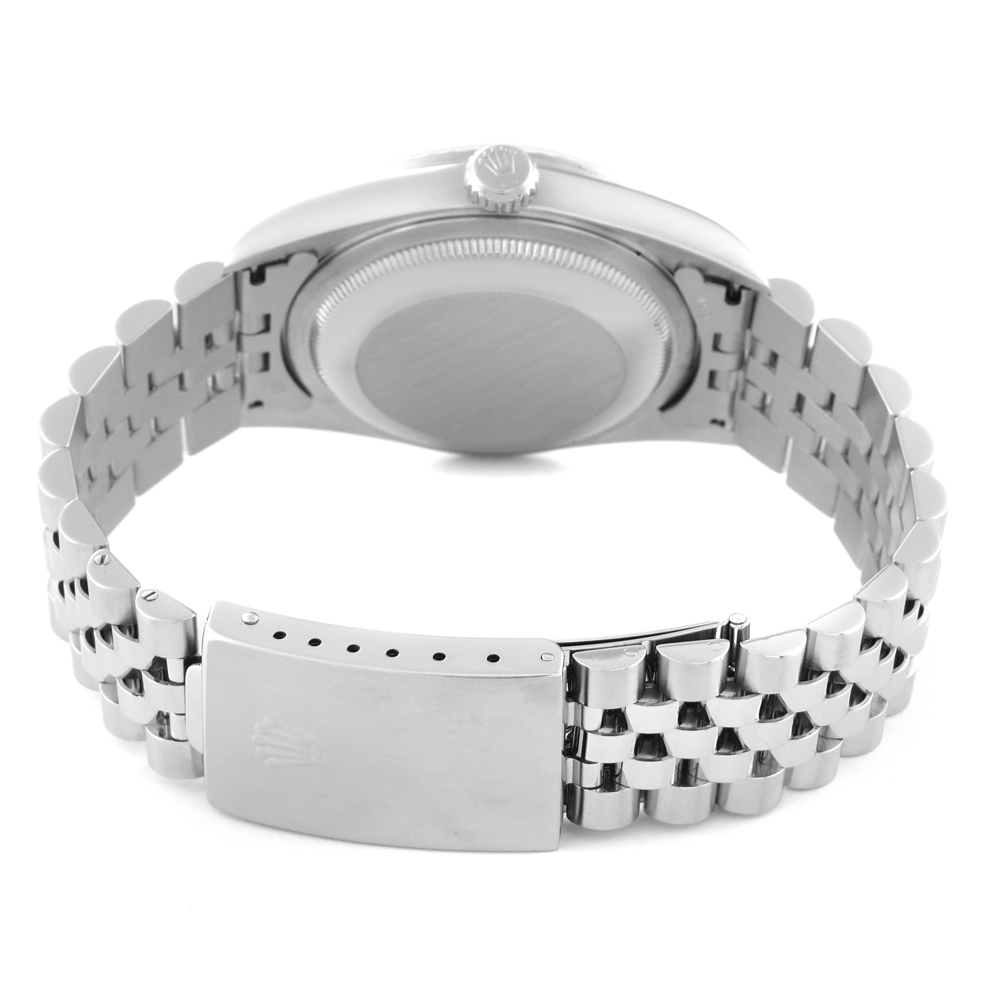 This image shows the clasp and case back of a Rolex Datejust 16220 Men's Stainless Steel Silver Dial 16220 Men's Stainless Steel Silver Dial watch, viewed from the rear angle.