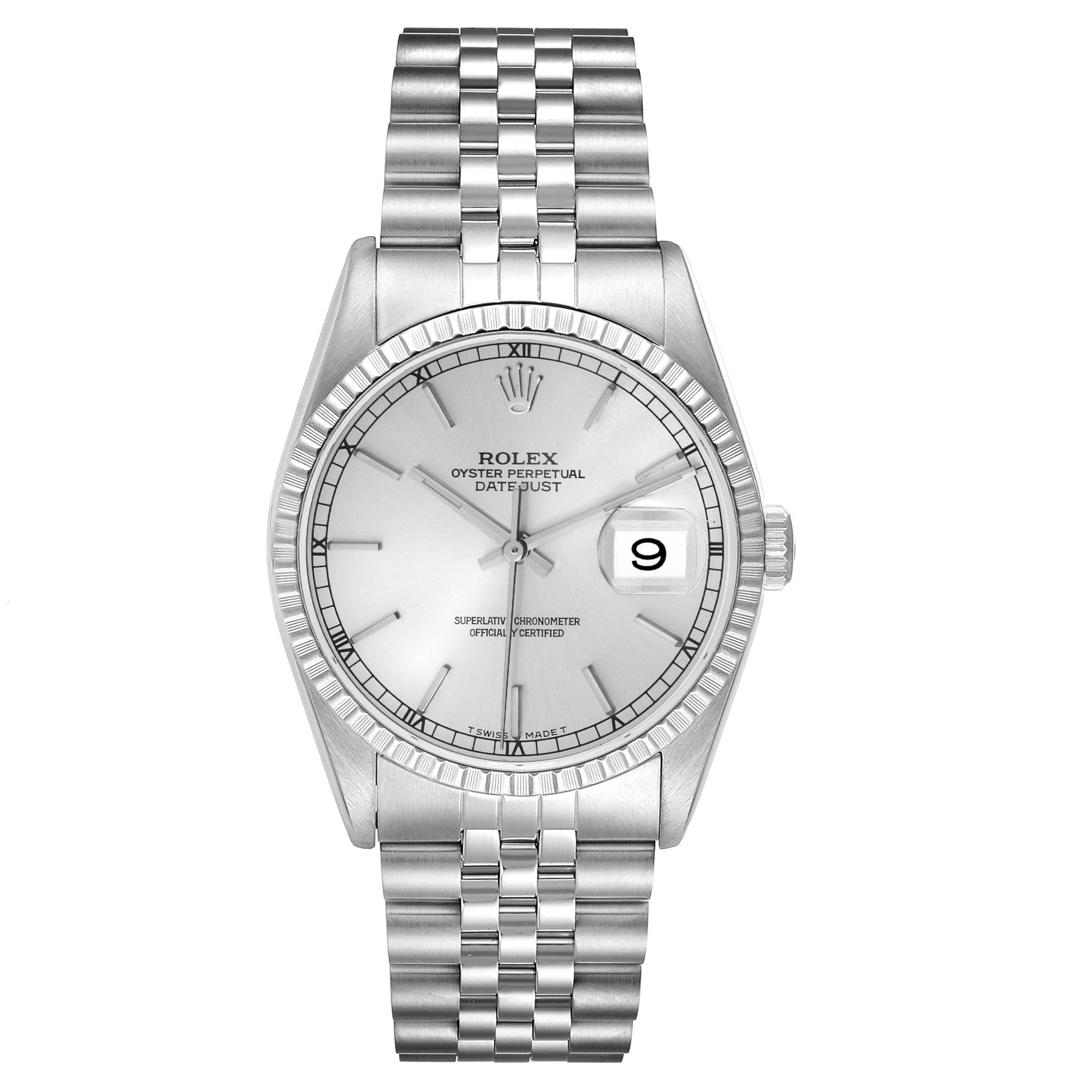 This image shows a front view of the Rolex Datejust 16220 Men's Stainless Steel Silver Dial 16220 Men's Stainless Steel Silver Dial watch, highlighting its dial, date window, and bracelet.