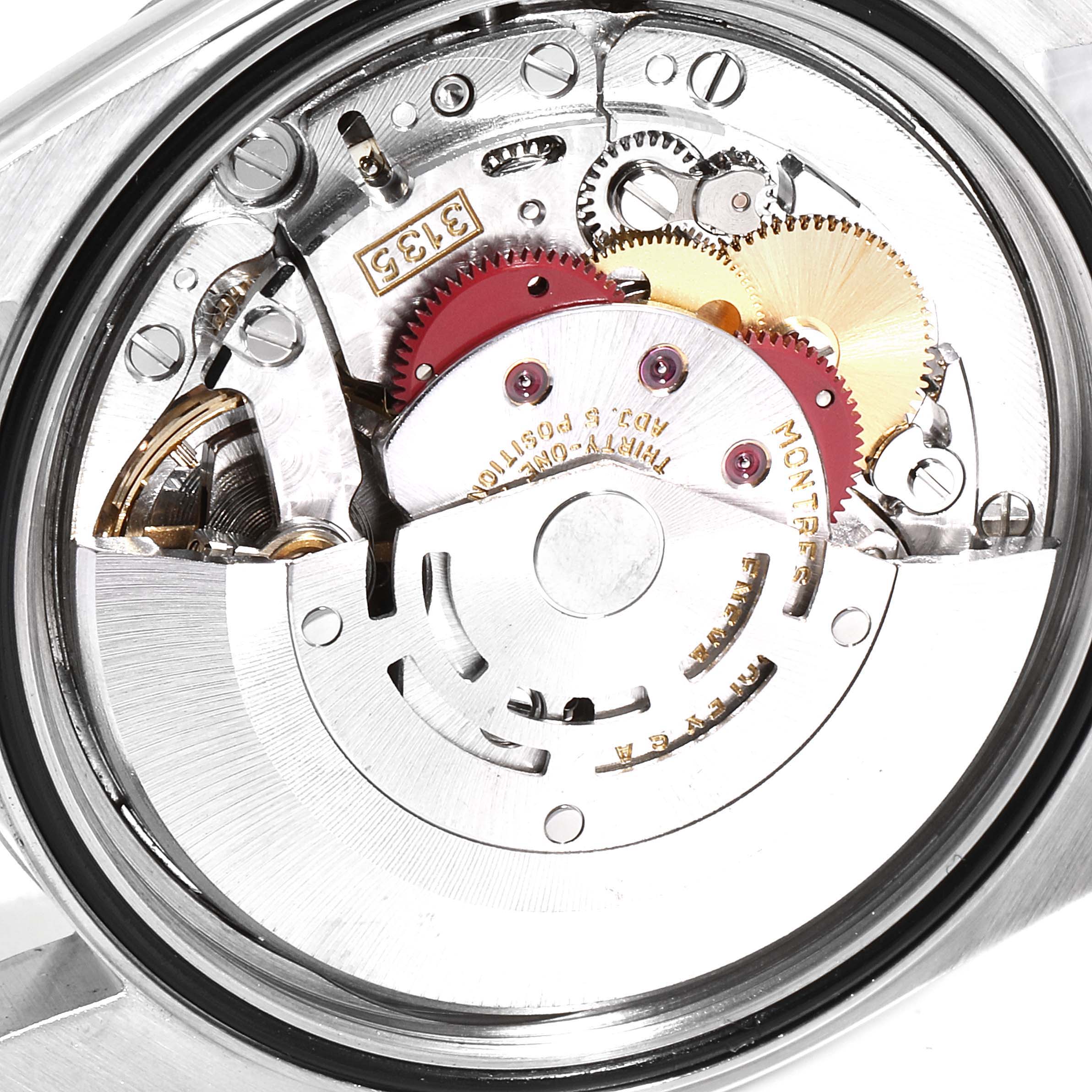 The image shows the inner mechanical movement of a Rolex Datejust 16234  Men's Stainless Steel Silver Dial 16234  Men's Stainless Steel Silver Dial watch viewed from the back.