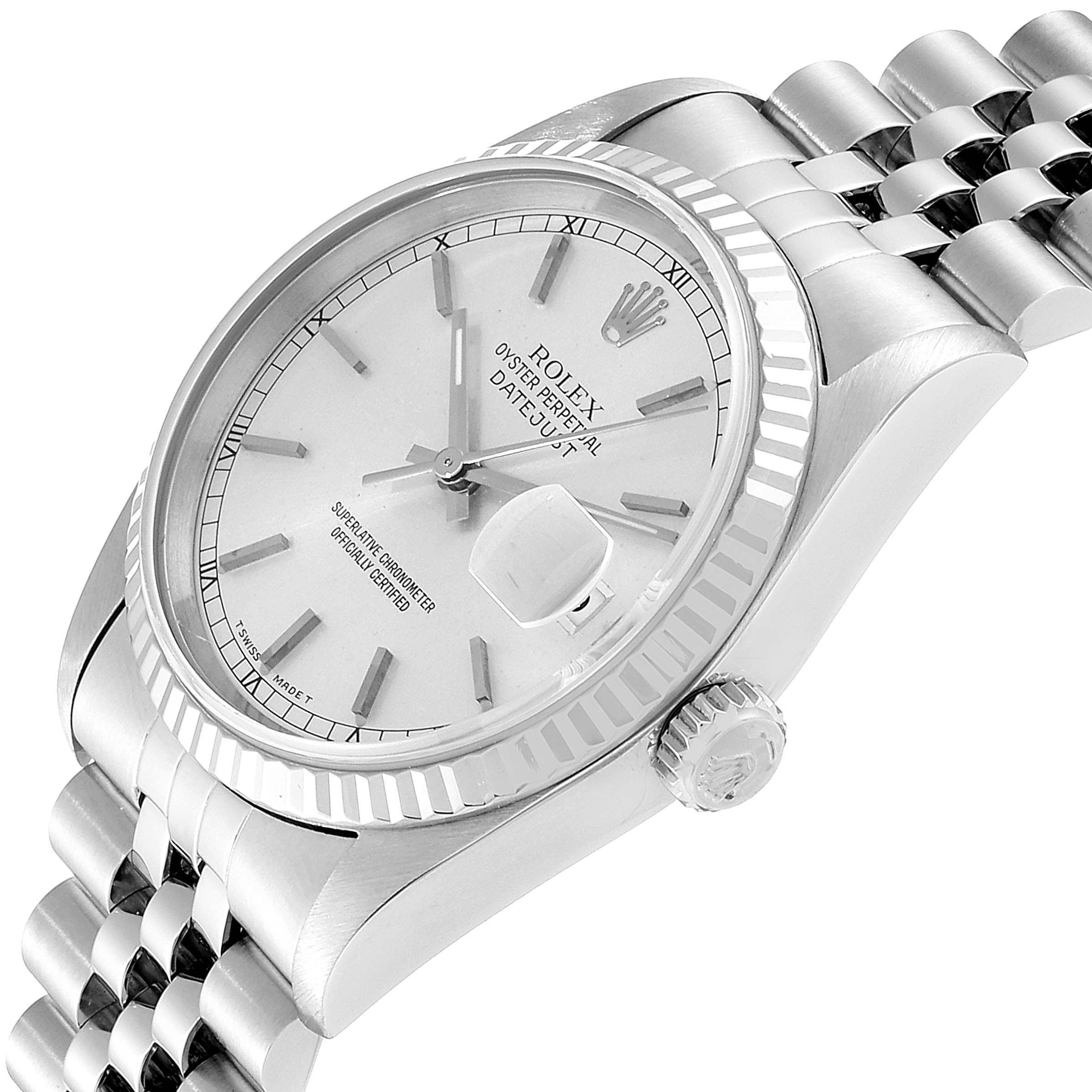 The image shows a side angle of the Rolex Datejust 16234  Men's Stainless Steel Silver Dial 16234  Men's Stainless Steel Silver Dial watch, highlighting its bezel, dial, crown, and part of the bracelet.
