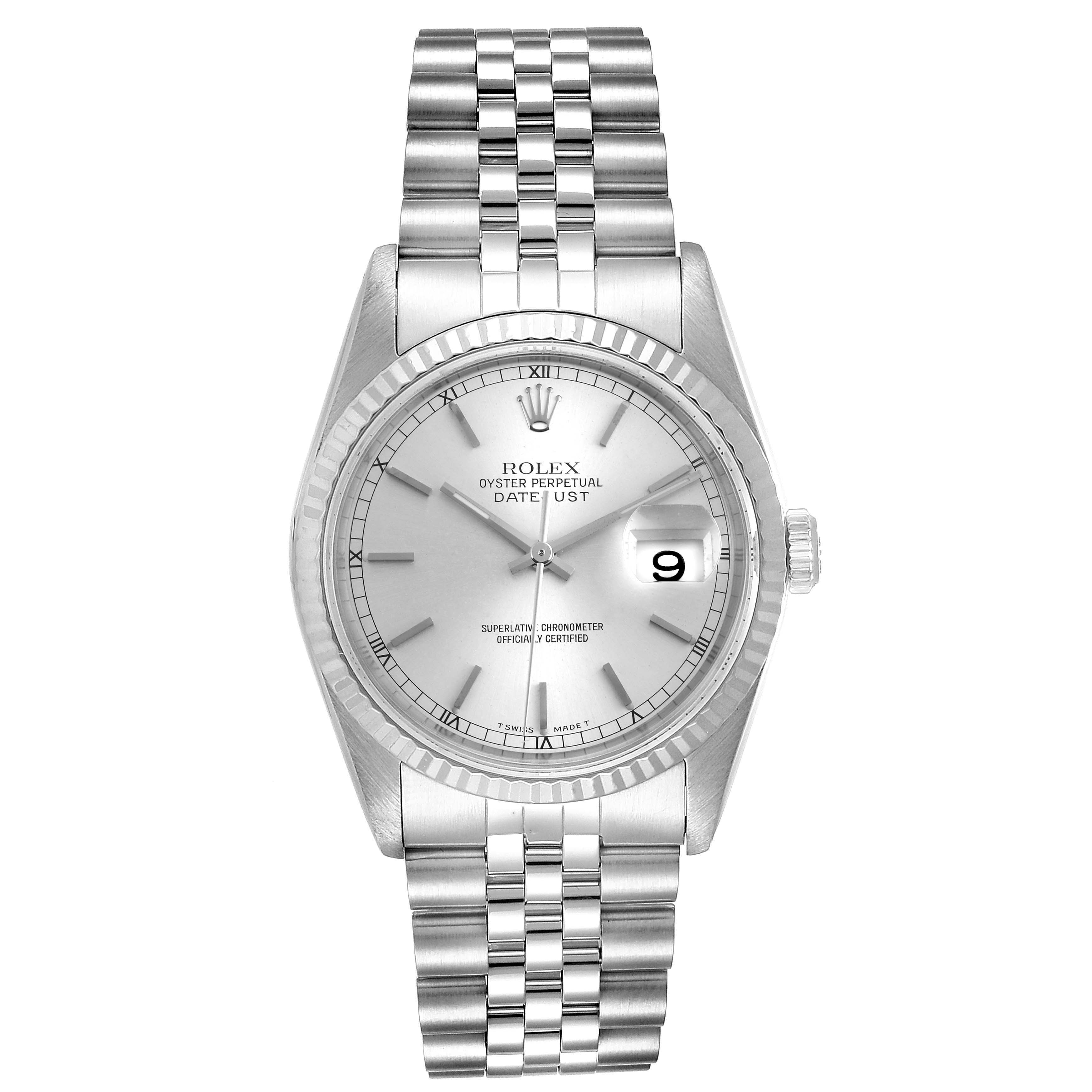 The Rolex Datejust 16234  Men's Stainless Steel Silver Dial 16234  Men's Stainless Steel Silver Dial model watch is shown from a top-down angle, displaying its dial, bezel, and bracelet.