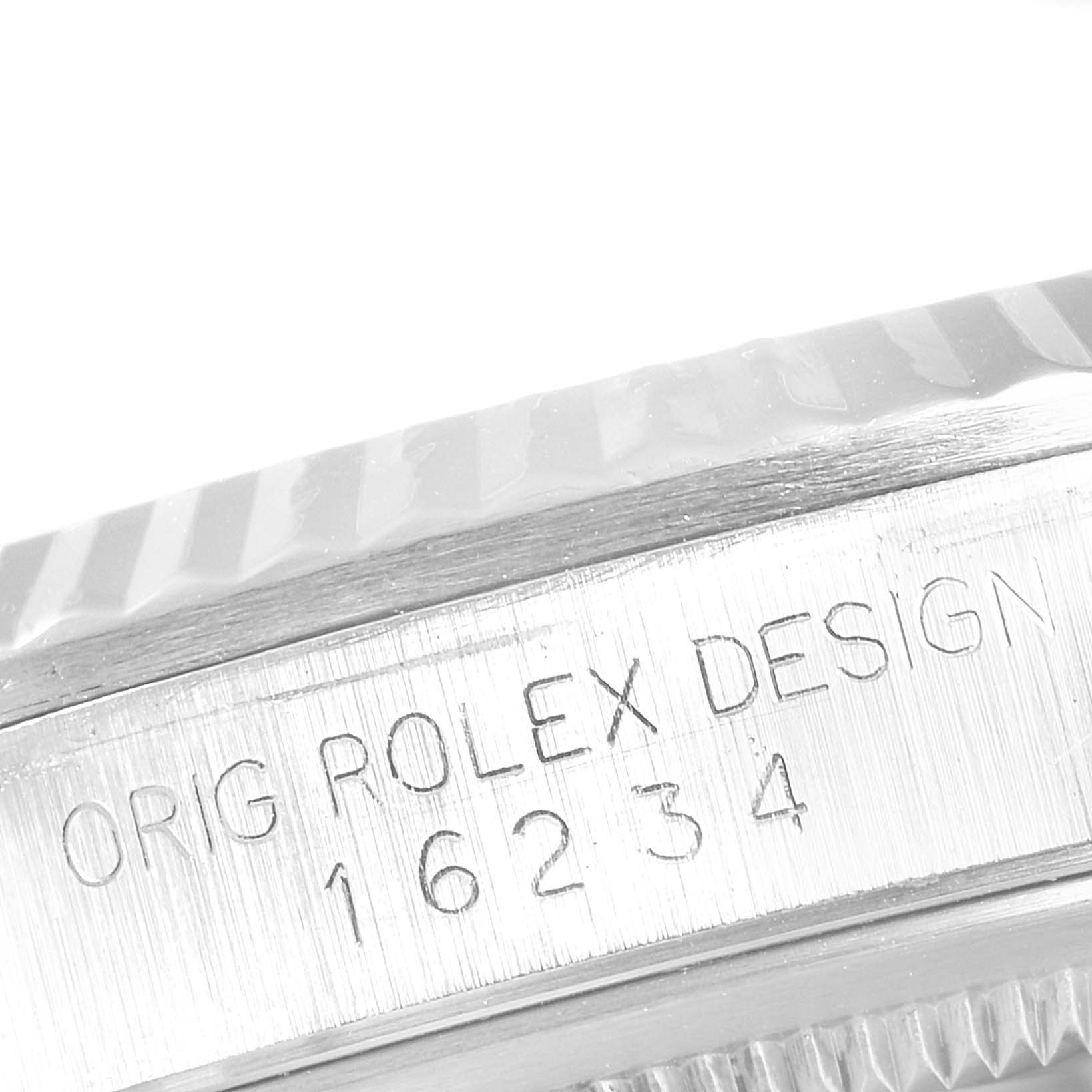 This photo shows a close-up view of the case side engraving on a Rolex Datejust 16234  Men's Stainless Steel Silver Dial 16234  Men's Stainless Steel Silver Dial model.