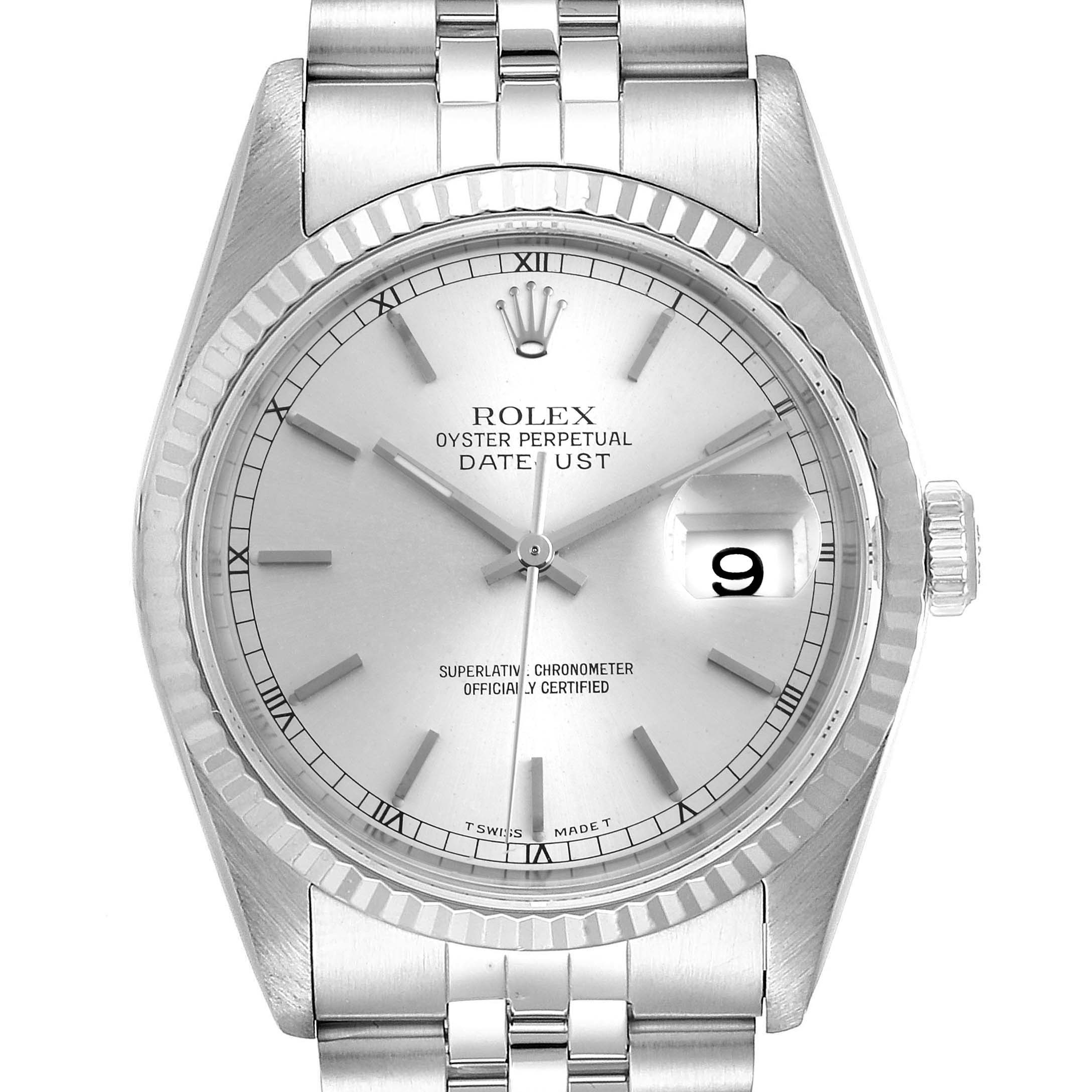 The image shows the front view of a Rolex Datejust 16234  Men's Stainless Steel Silver Dial 16234  Men's Stainless Steel Silver Dial watch, featuring its dial, hands, crown, and bracelet.