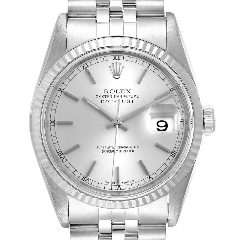 Rolex Datejust Silver Dial Steel White Gold Mens Watch 16234 Papers SwissWatchExpo