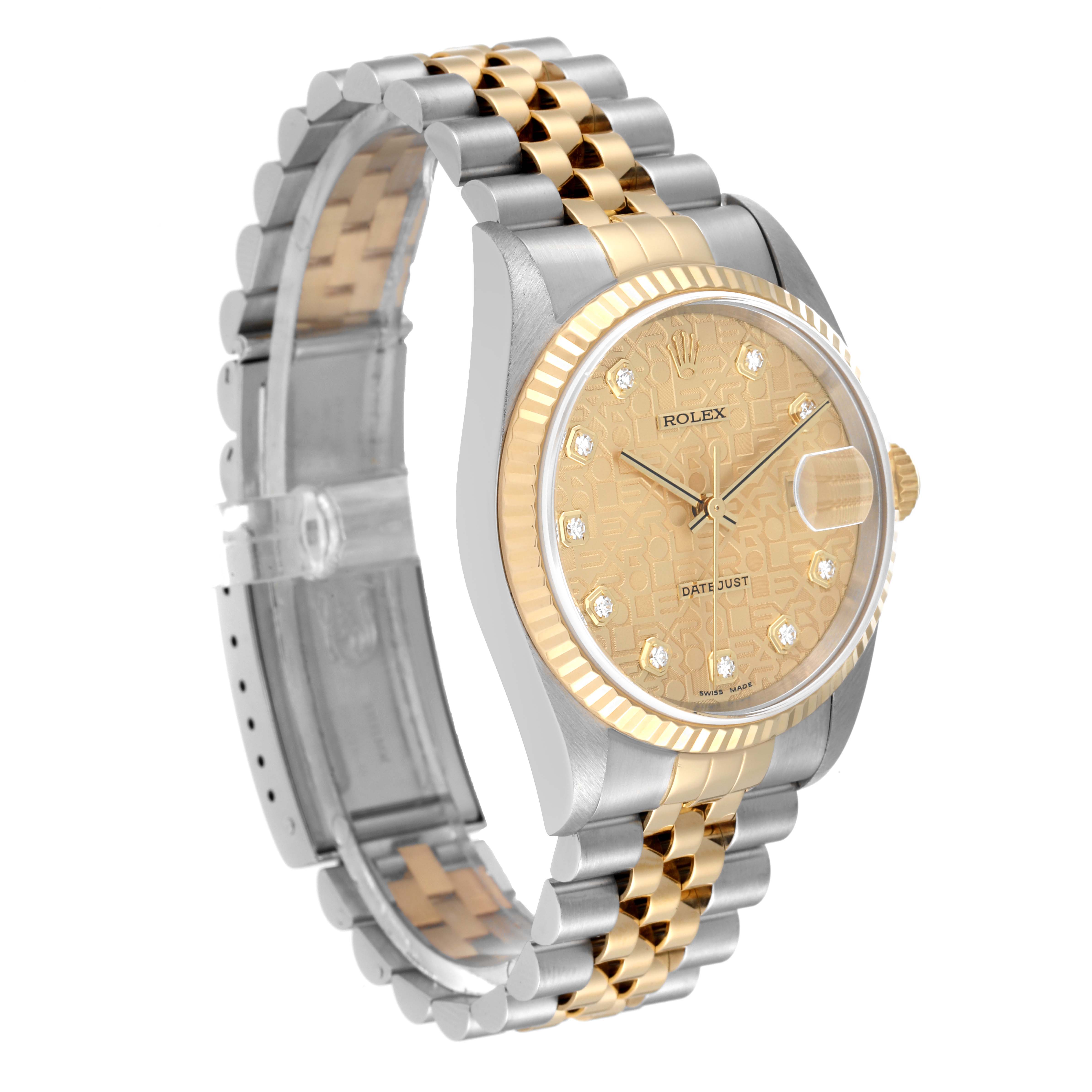 The Rolex Datejust 16233 Men's Steel and Gold (two tone) Champagne Dial 16233 Men's Steel and Gold (two tone) Champagne Dial watch is shown at an angle highlighting its face, bezel, and part of the bracelet.