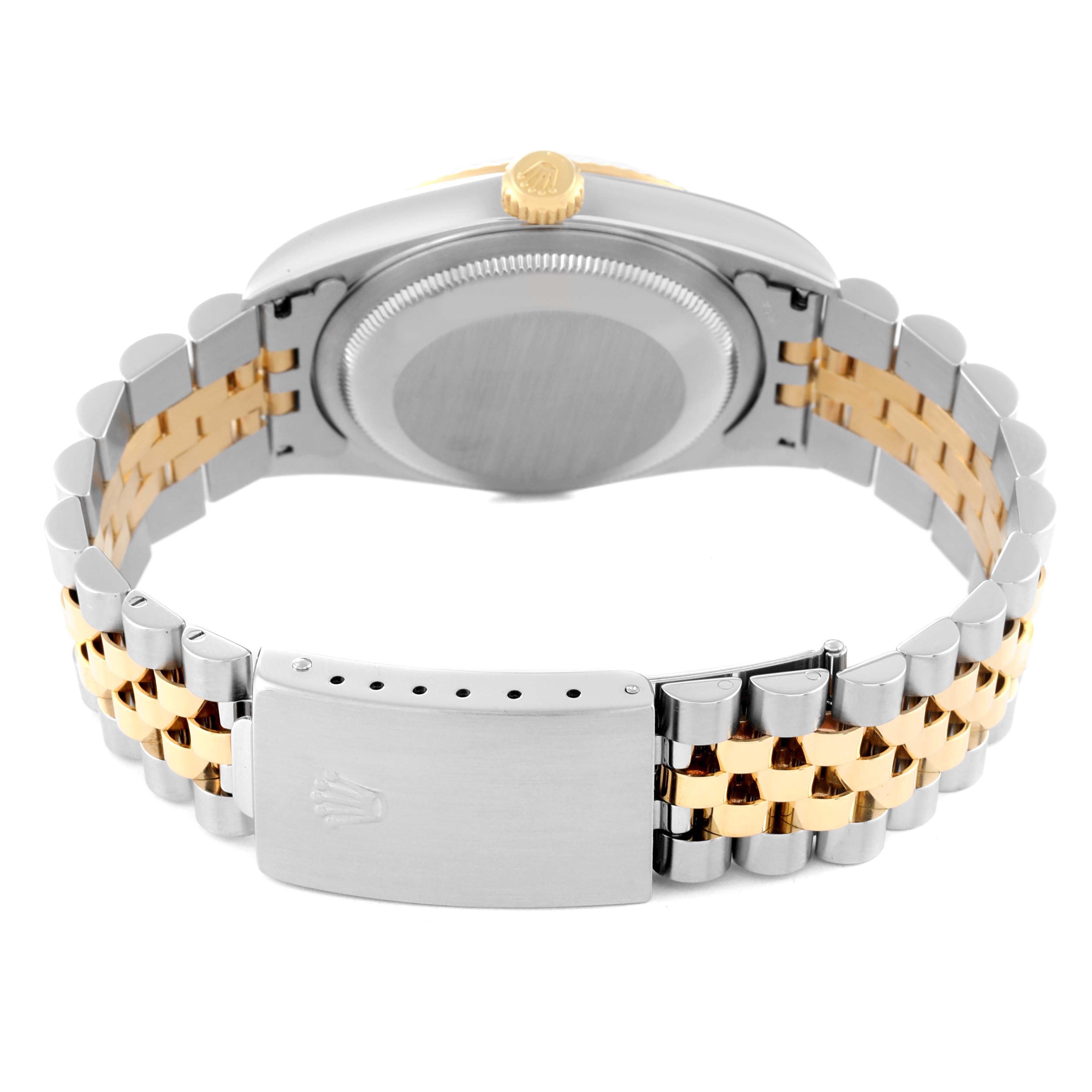 This image shows the back of a Rolex Datejust 16233 Men's Steel and Gold (two tone) Champagne Dial 16233 Men's Steel and Gold (two tone) Champagne Dial watch, focusing on its two-tone bracelet and clasp.