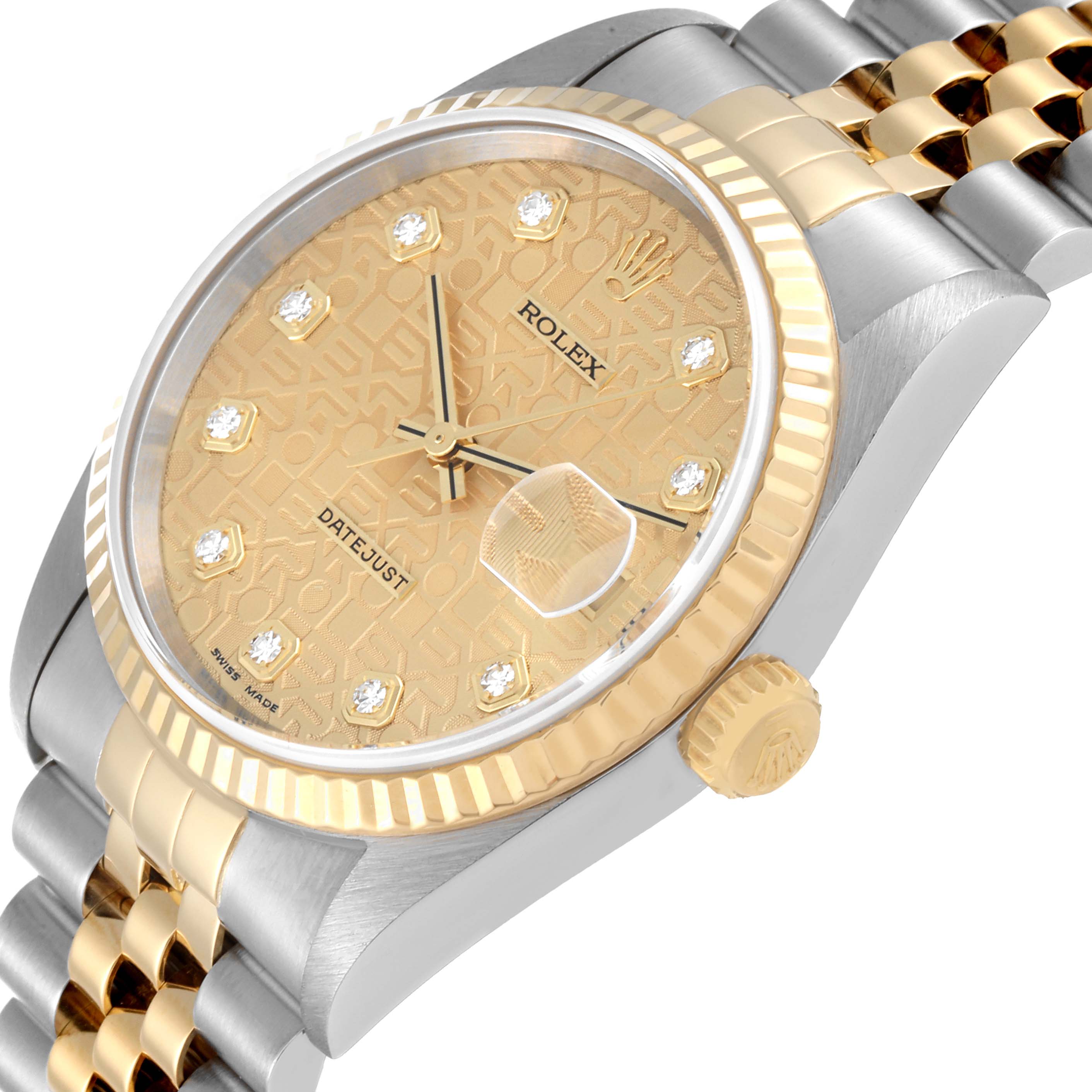 The image shows a close-up angled view of a Rolex Datejust 16233 Men's Steel and Gold (two tone) Champagne Dial 16233 Men's Steel and Gold (two tone) Champagne Dial watch, featuring the dial, bezel, crown, and part of the bracelet.