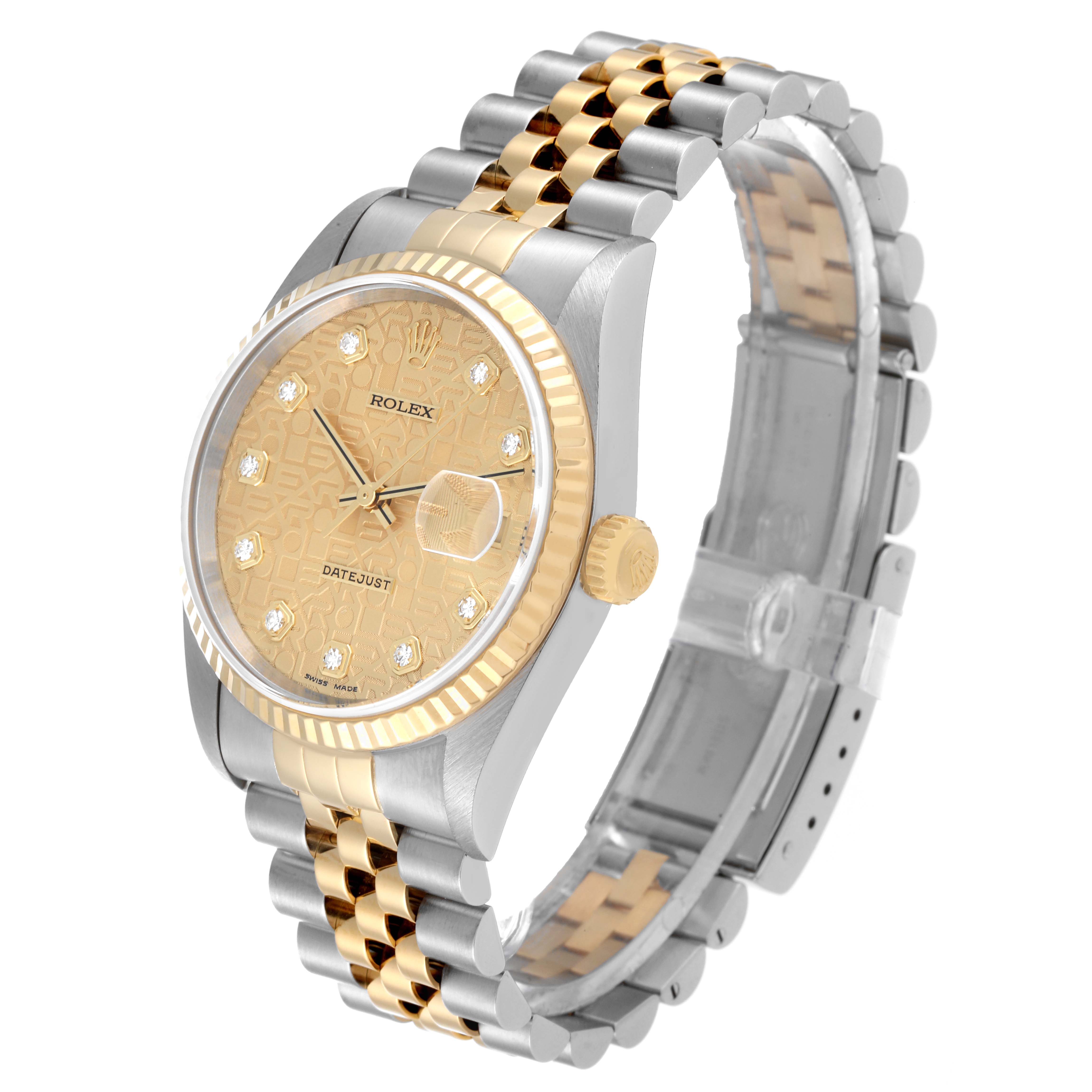 The image shows an angled view of the Rolex Datejust 16233 Men's Steel and Gold (two tone) Champagne Dial 16233 Men's Steel and Gold (two tone) Champagne Dial watch, highlighting its two-tone bracelet, gold dial, and fluted bezel.