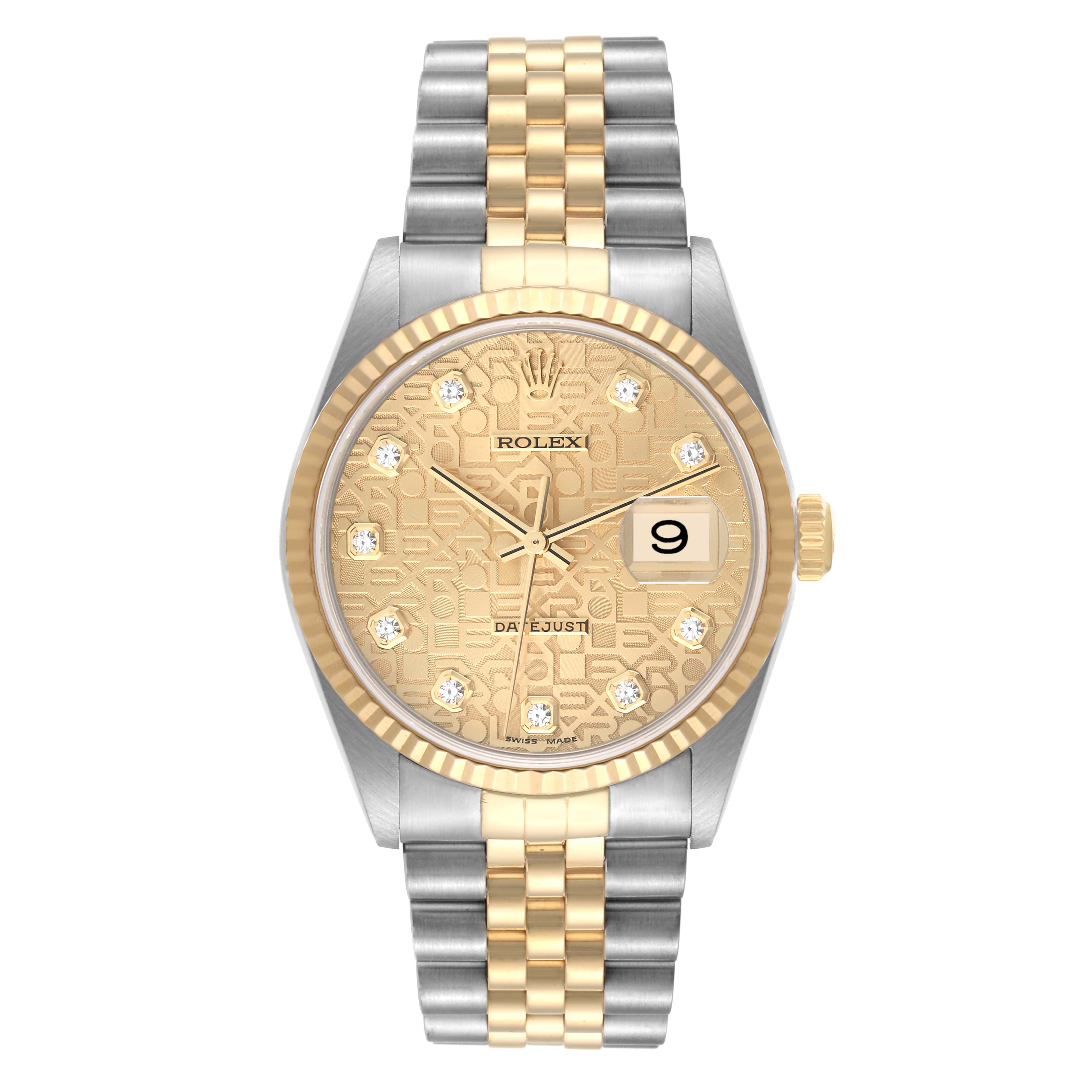 This image shows a front view of a Rolex Datejust 16233 Men's Steel and Gold (two tone) Champagne Dial 16233 Men's Steel and Gold (two tone) Champagne Dial watch, displaying its dial, bezel, crown, and two-tone bracelet.