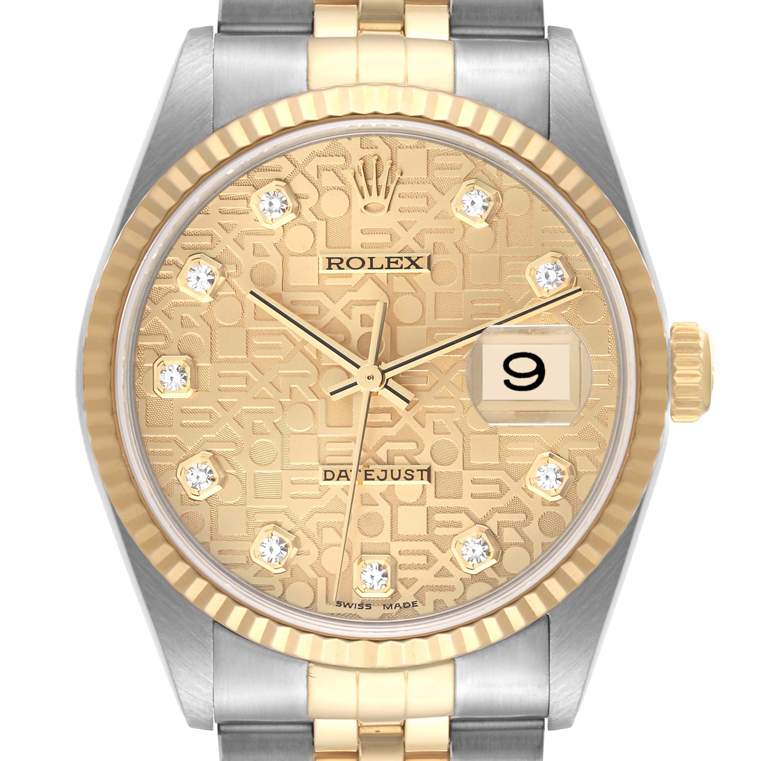 This Rolex Datejust 16233 Men's Steel and Gold (two tone) Champagne Dial 16233 Men's Steel and Gold (two tone) Champagne Dial watch is shown from the front, displaying the dial, hands, date window, and part of the band.
