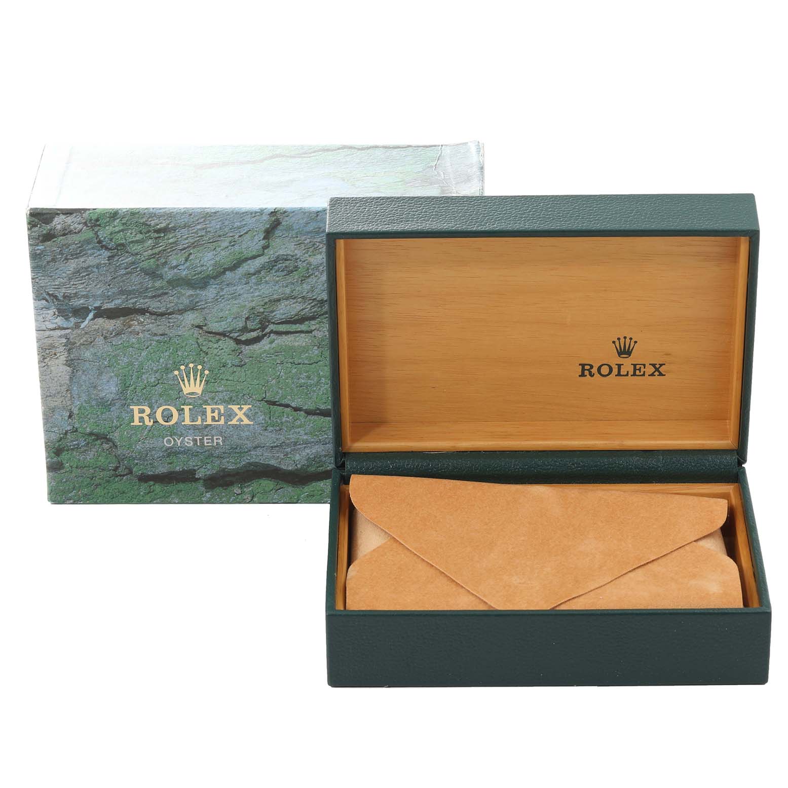 The image shows the Rolex Datejust 16233 Men's Steel and Gold (two tone) Champagne Dial 16233 Men's Steel and Gold (two tone) Champagne Dial box and packaging, including an opened wooden watch box and an outer cardboard box.
