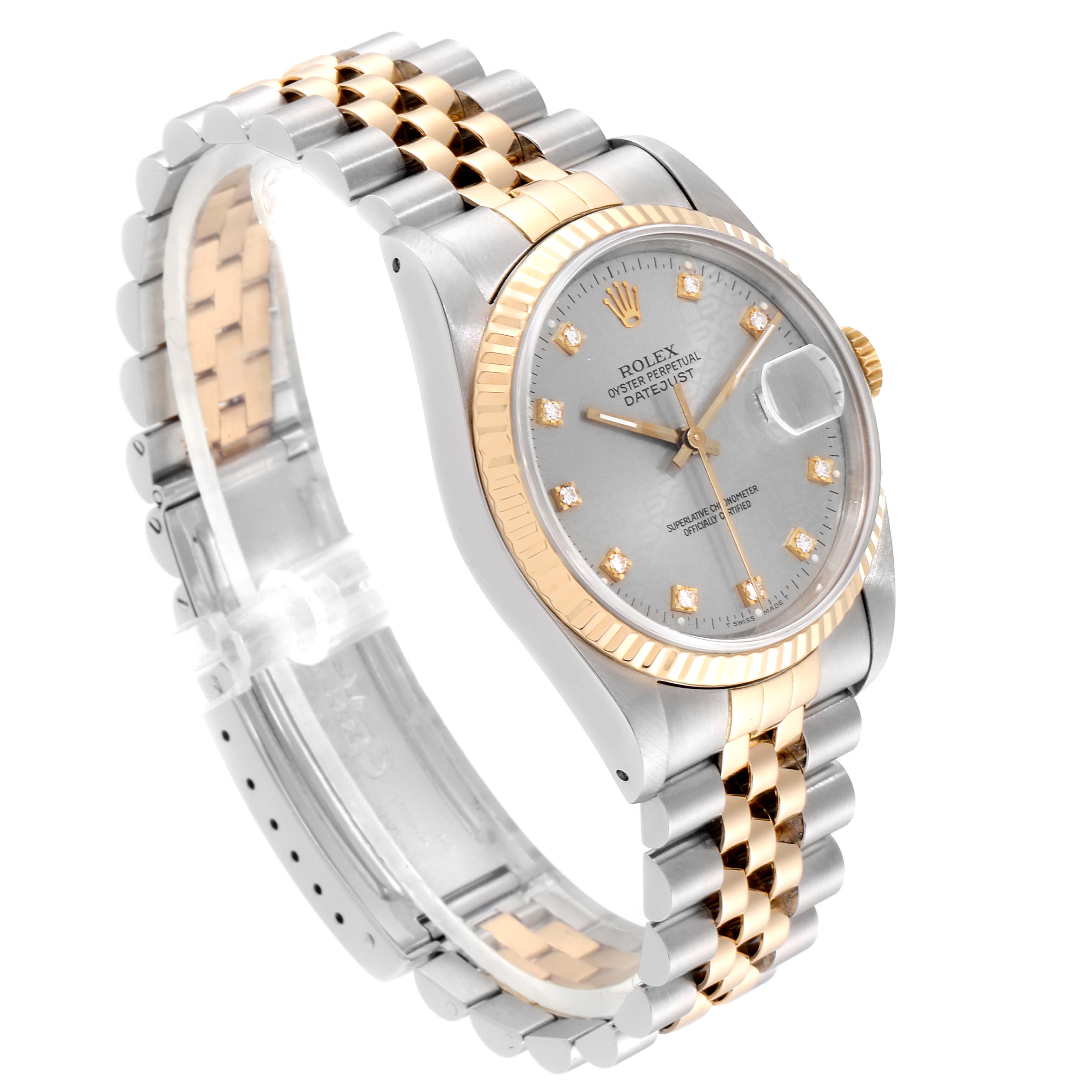 The image shows a Rolex Datejust 16233 Men
s Steel and Gold (two tone) Silver Dial 16233 Men
s Steel and Gold (two tone) Silver Dial watch at a three-quarter angle, highlighting its face, bezel, and Jubilee bracelet.