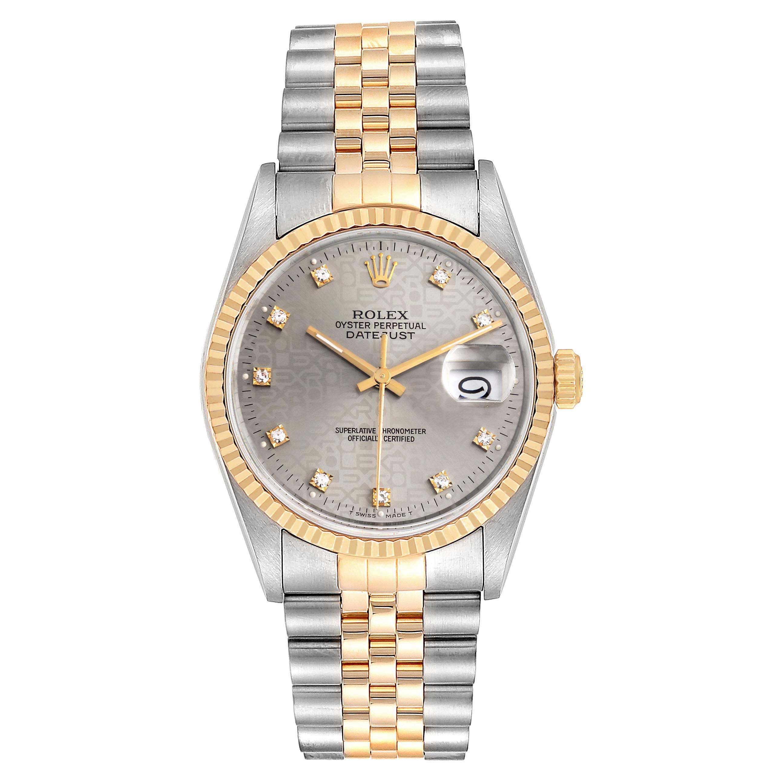 The Rolex Datejust 16233 Men
s Steel and Gold (two tone) Silver Dial 16233 Men
s Steel and Gold (two tone) Silver Dial watch is shown from a top-down angle, highlighting the face, bezel, and two-tone bracelet.