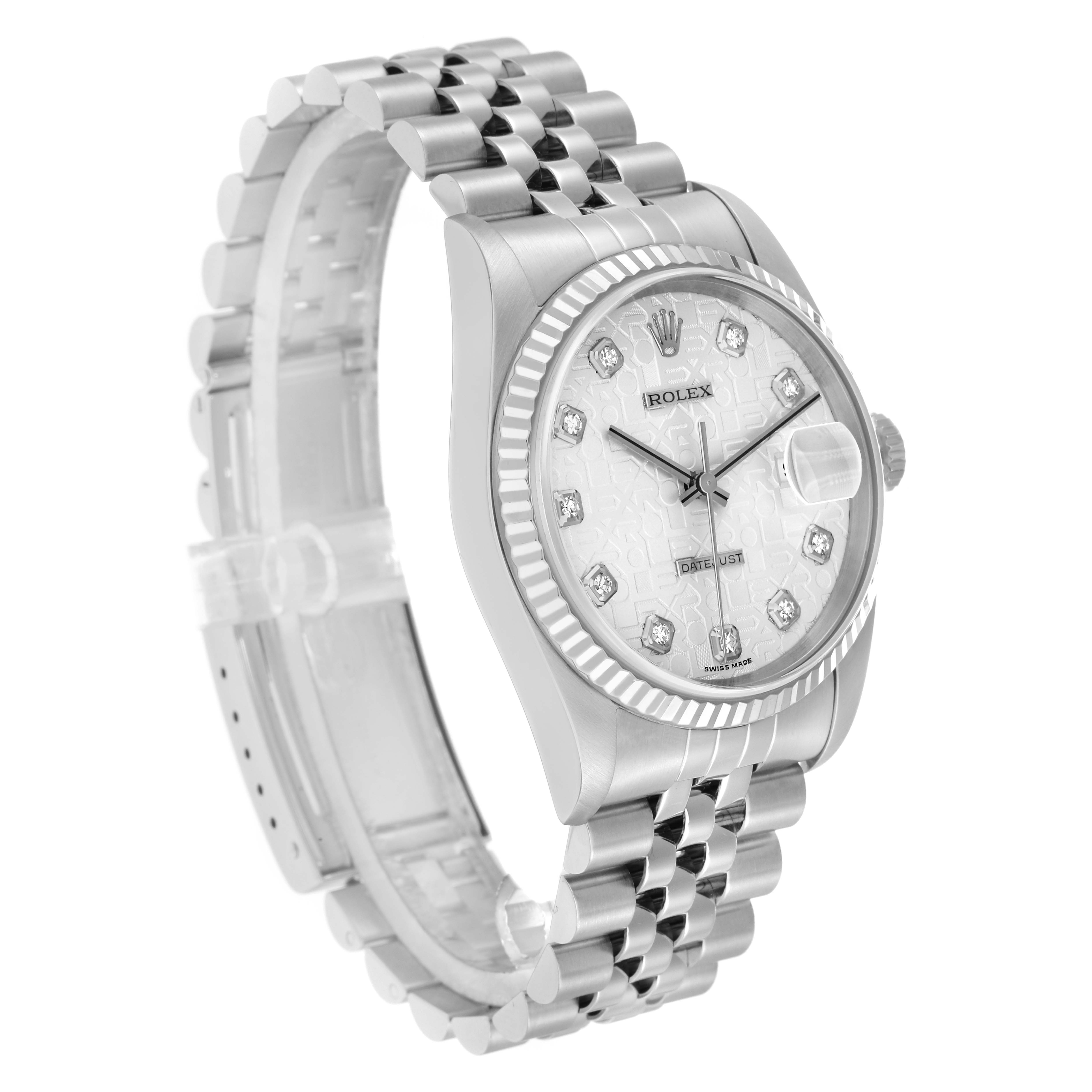 The Rolex Datejust 16234 Men
s Stainless Steel Silver Dial watch is shown at a three-quarter angle, highlighting the dial, fluted bezel, and Jubilee bracelet.