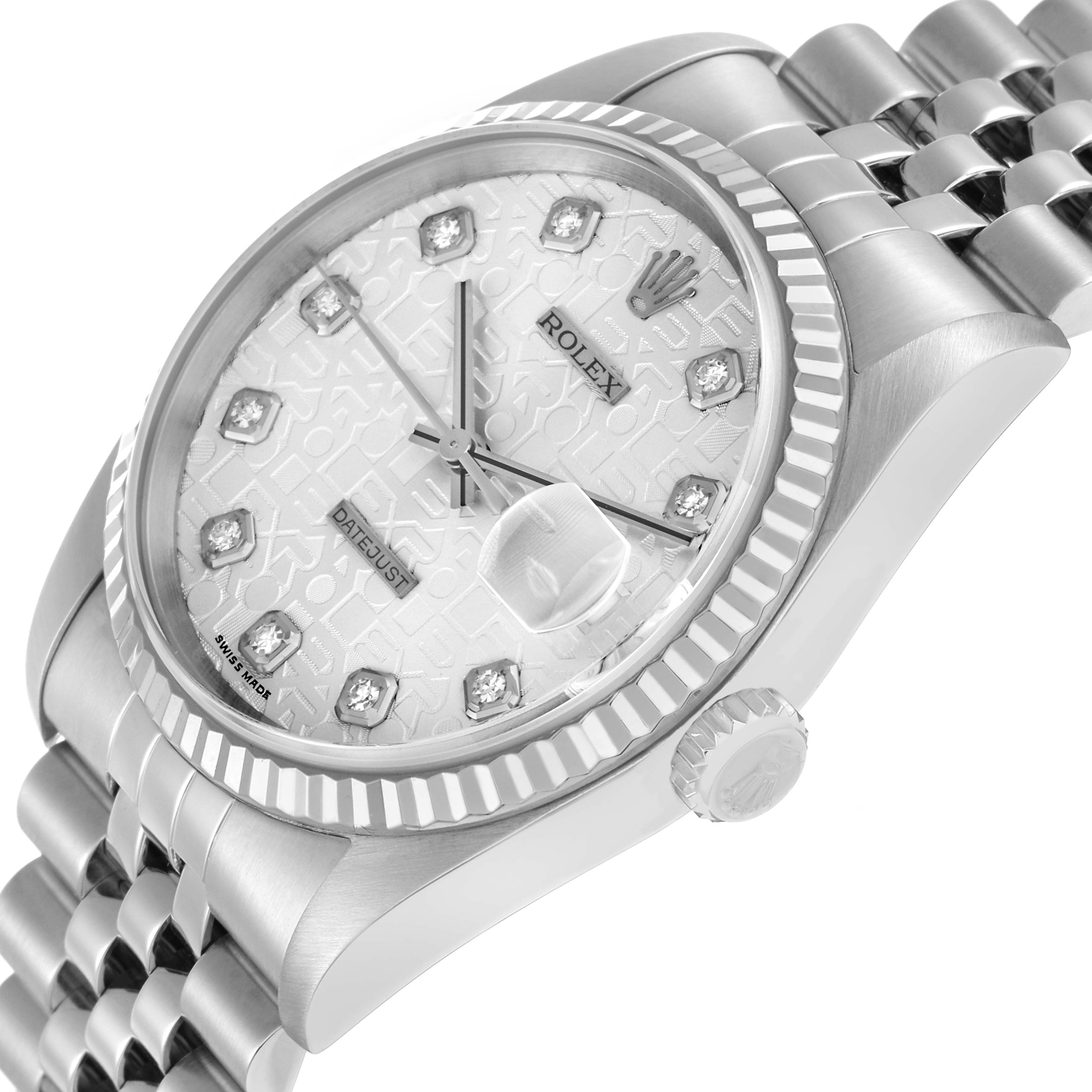 The Rolex Datejust 16234 Men
s Stainless Steel Silver Dial watch is shown at a slight angle, displaying the dial, bezel, crown, and part of the bracelet.