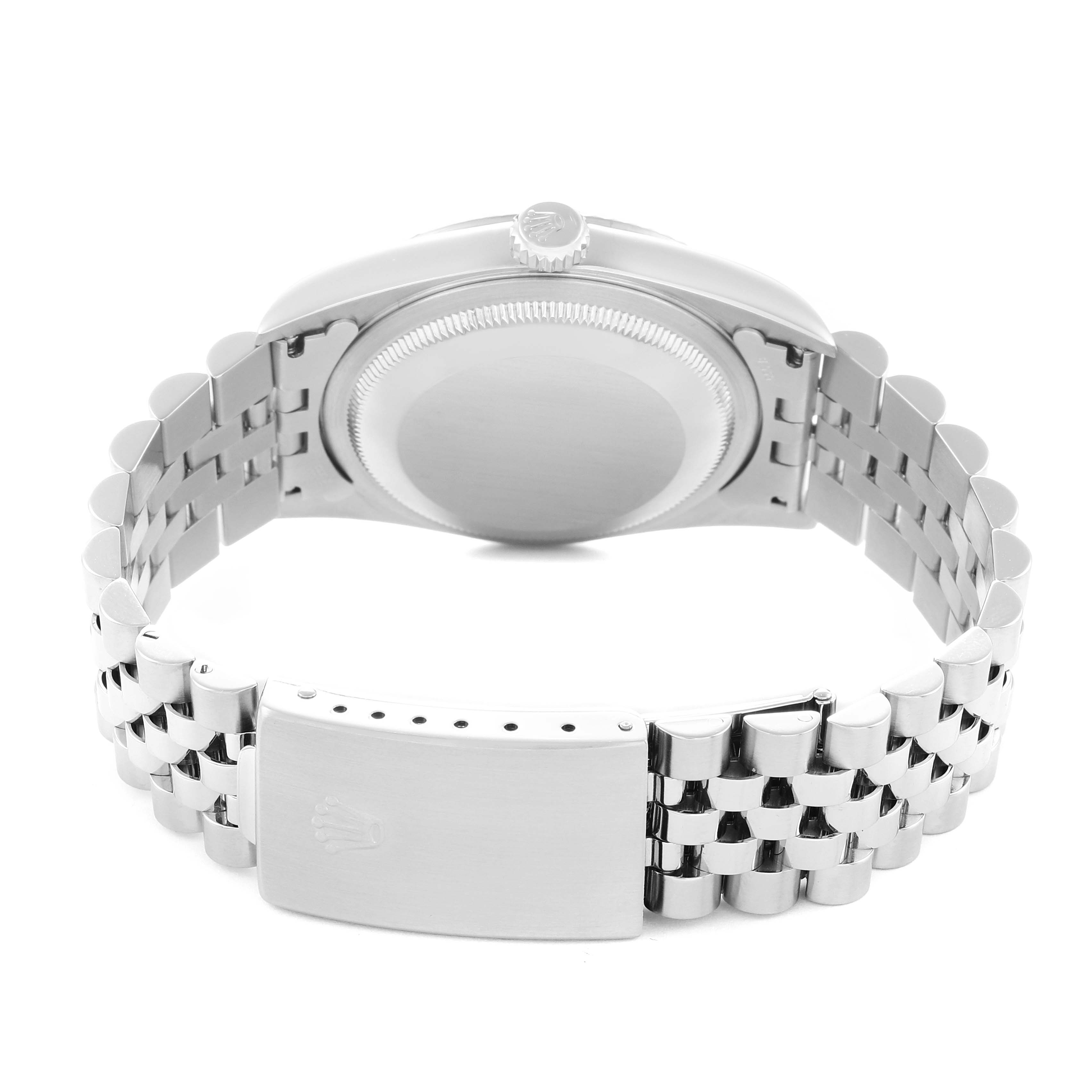 The image shows the back view of the Rolex Datejust 16234 Men
s Stainless Steel Silver Dial, highlighting its bracelet and clasp.