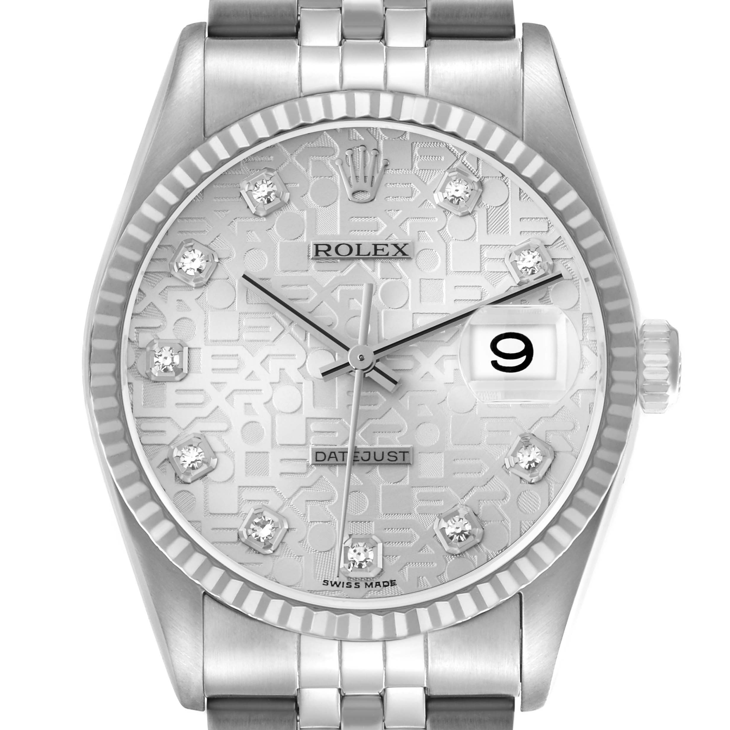 The Rolex Datejust 16234 Men
s Stainless Steel Silver Dial watch is shown from a front angle, displaying the dial, bezel, crown, and part of the bracelet.