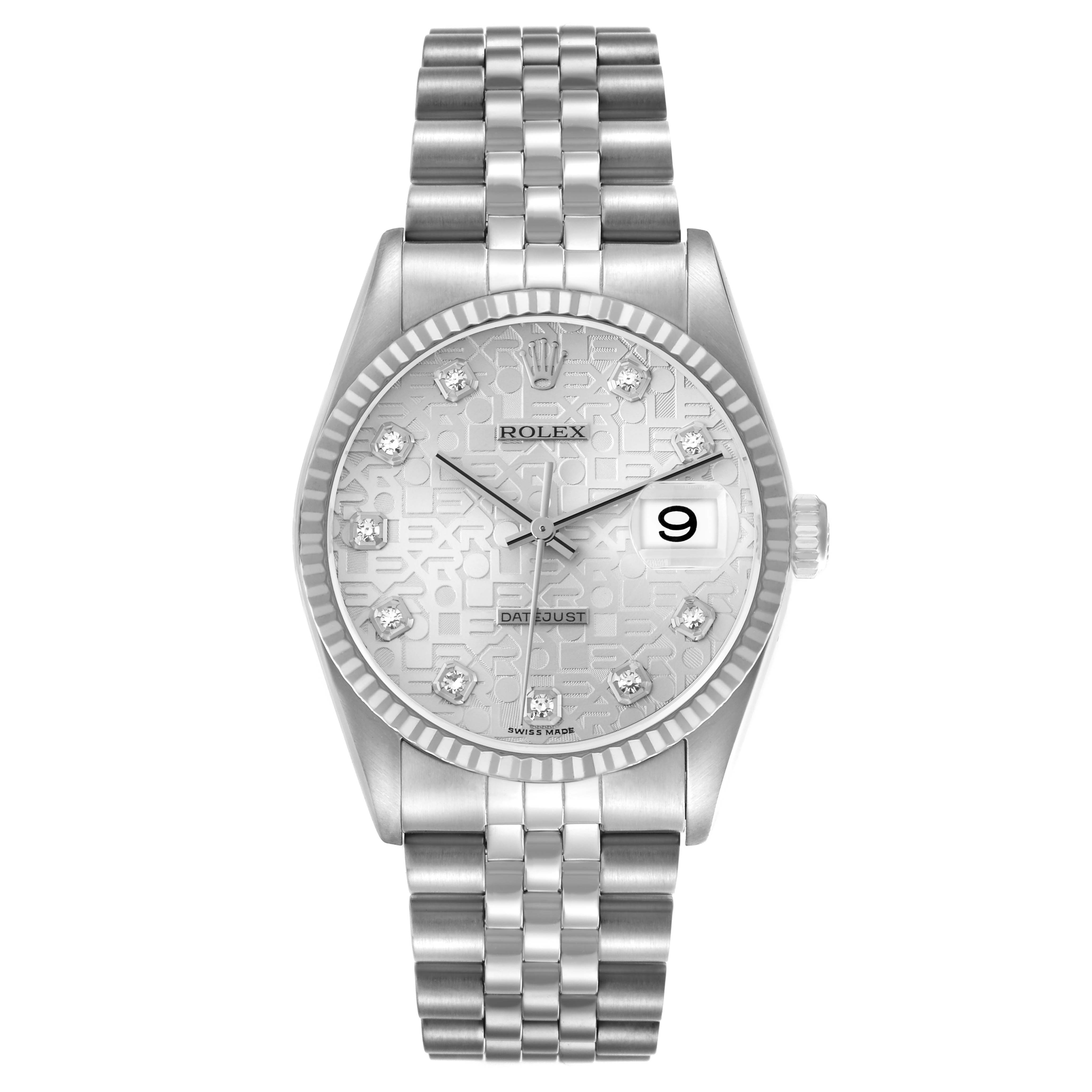 The Rolex Datejust 16234 Men
s Stainless Steel Silver Dial is shown from a front angle, highlighting the dial, bezel, crown, and bracelet.