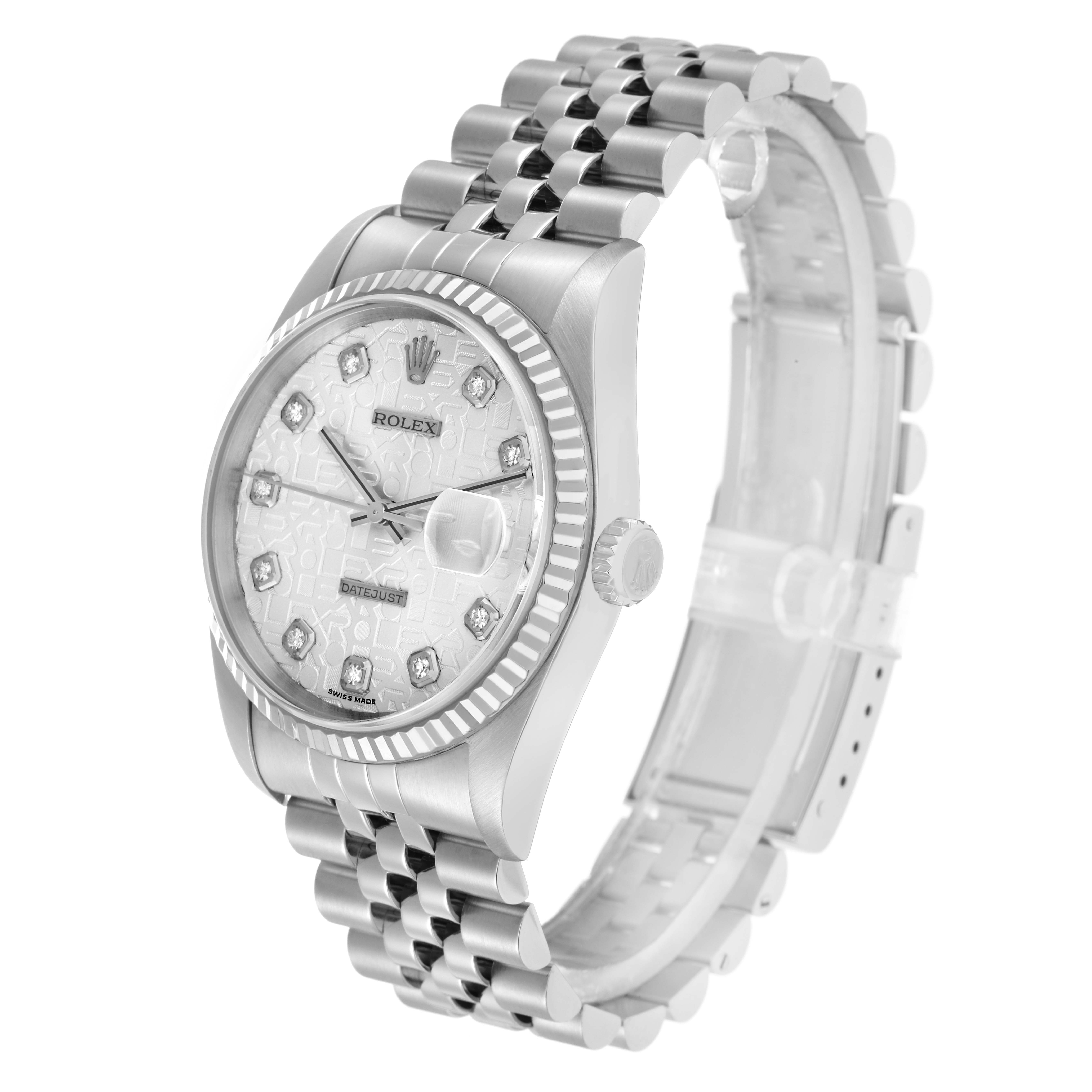 The Rolex Datejust 16234 Men
s Stainless Steel Silver Dial watch is shown at a three-quarter angle, highlighting the face, bezel, crown, and bracelet.