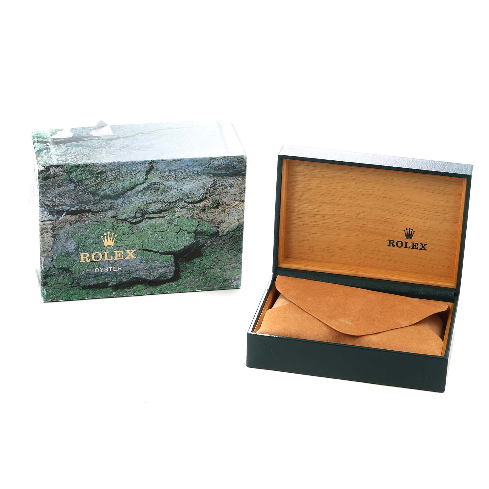 The image shows a Rolex Datejust 16234 Men
s Stainless Steel Silver Dial watch box and outer packaging, with the box open to reveal a suede pouch inside.