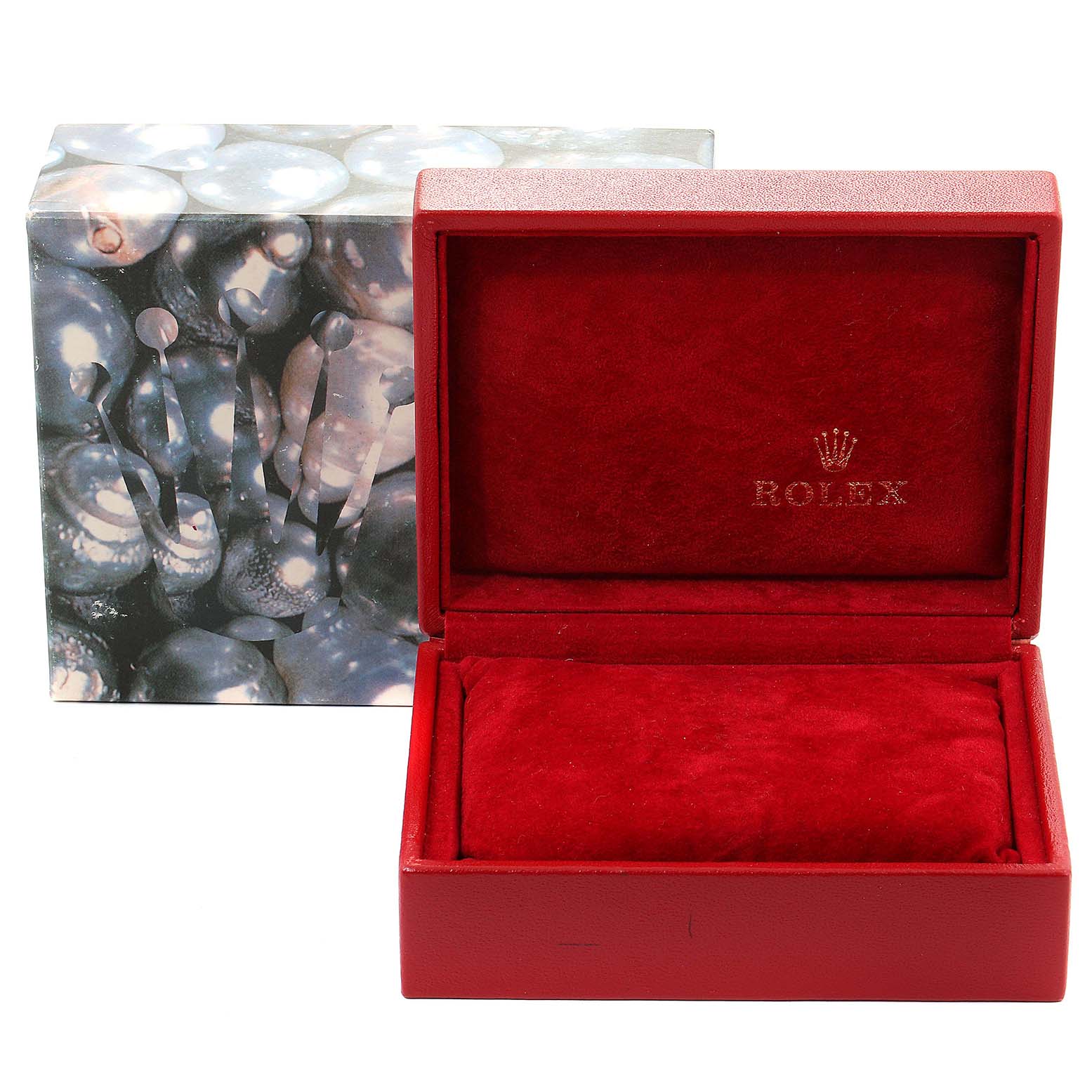 The image shows an open red Rolex watch box, branded with the Rolex logo, designed to hold a Datejust model watch.