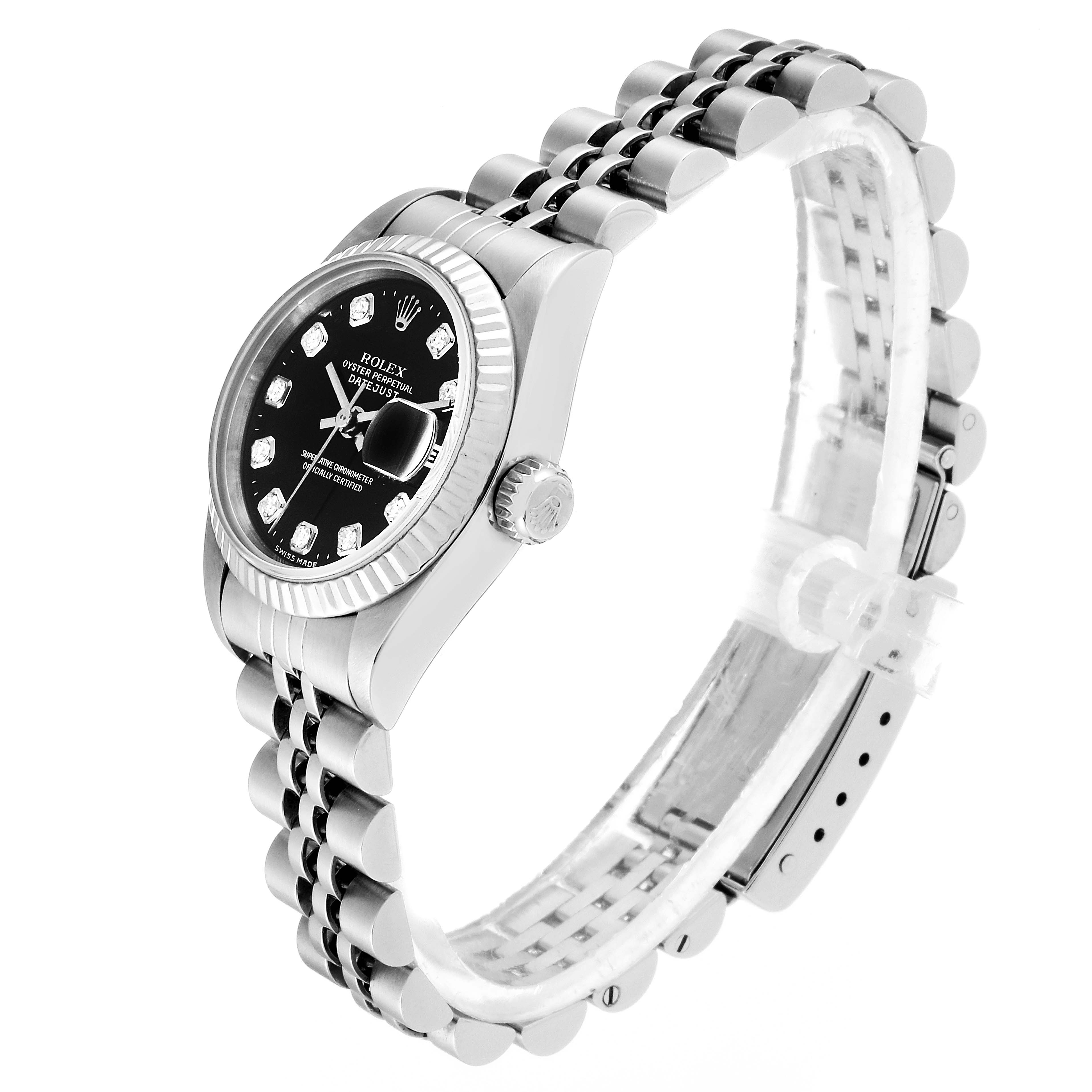 The image shows a side view of a Rolex Datejust 69174 Women's Stainless Steel Black Dial 69174 Women's Stainless Steel Black Dial watch, highlighting the bezel, crown, and bracelet.