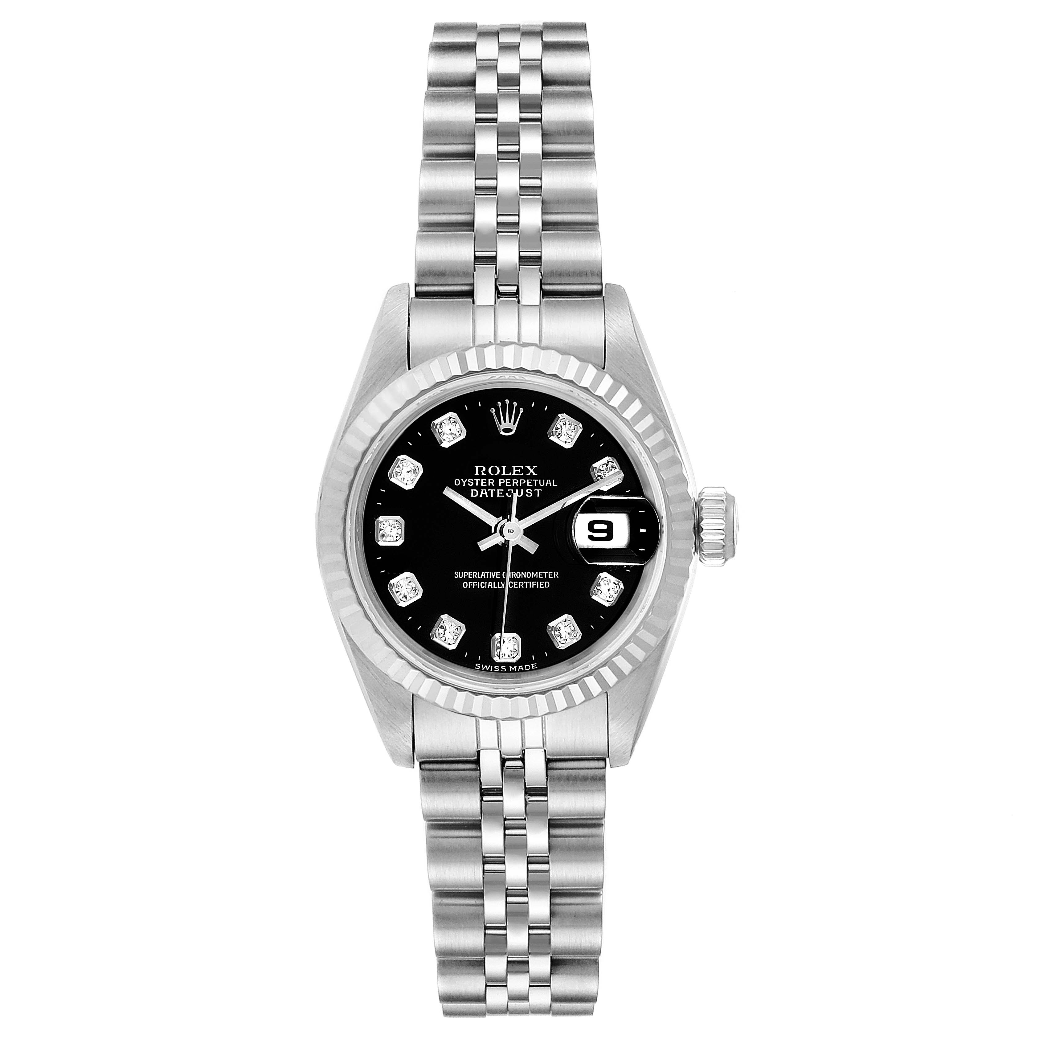 The Rolex Datejust 69174 Women's Stainless Steel Black Dial 69174 Women's Stainless Steel Black Dial watch is shown from a top-down angle, displaying the face, bracelet, and bezel.