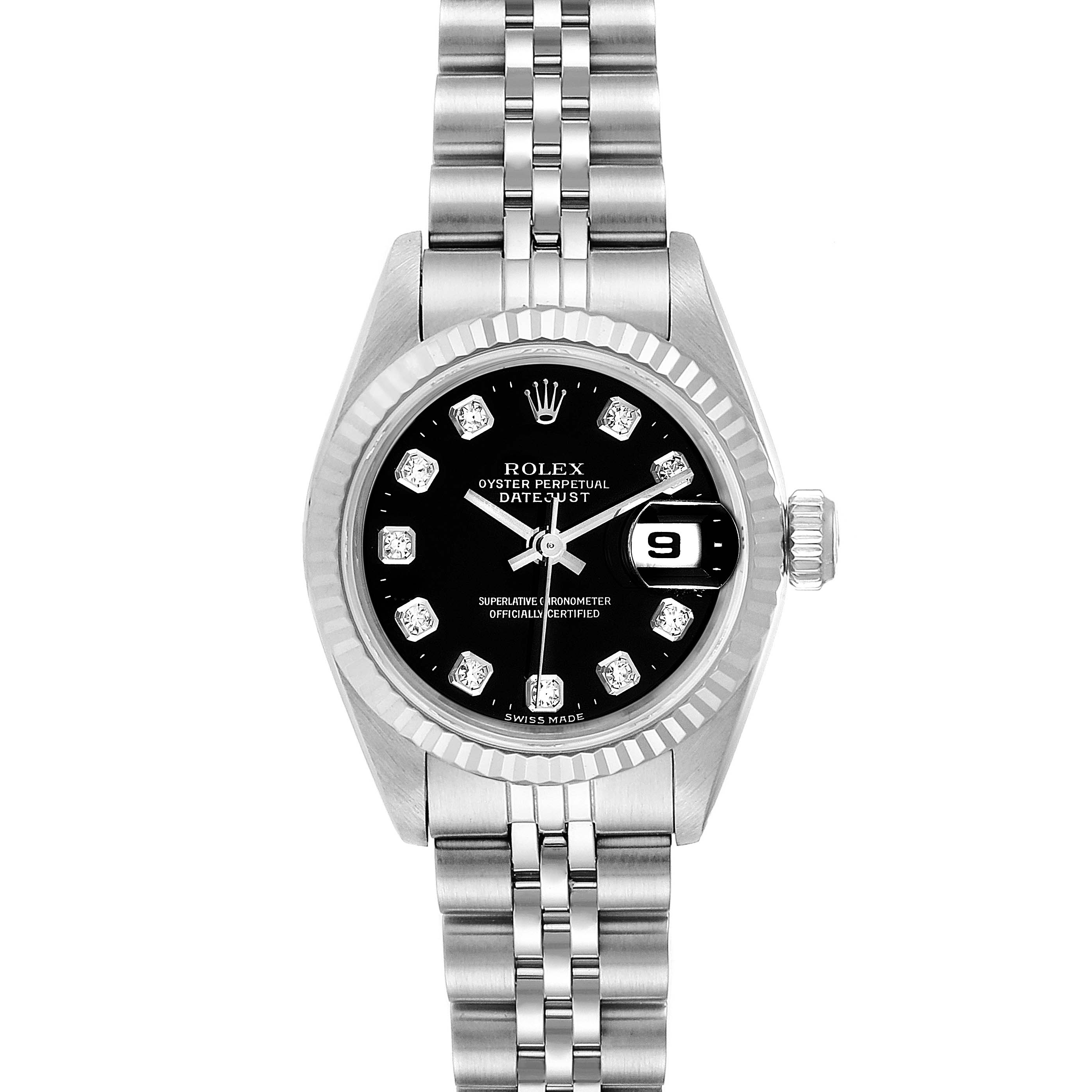 The image shows a front view of the Rolex Datejust 69174 Women's Stainless Steel Black Dial 69174 Women's Stainless Steel Black Dial watch, displaying its black dial, diamond hour markers, and Jubilee bracelet.
