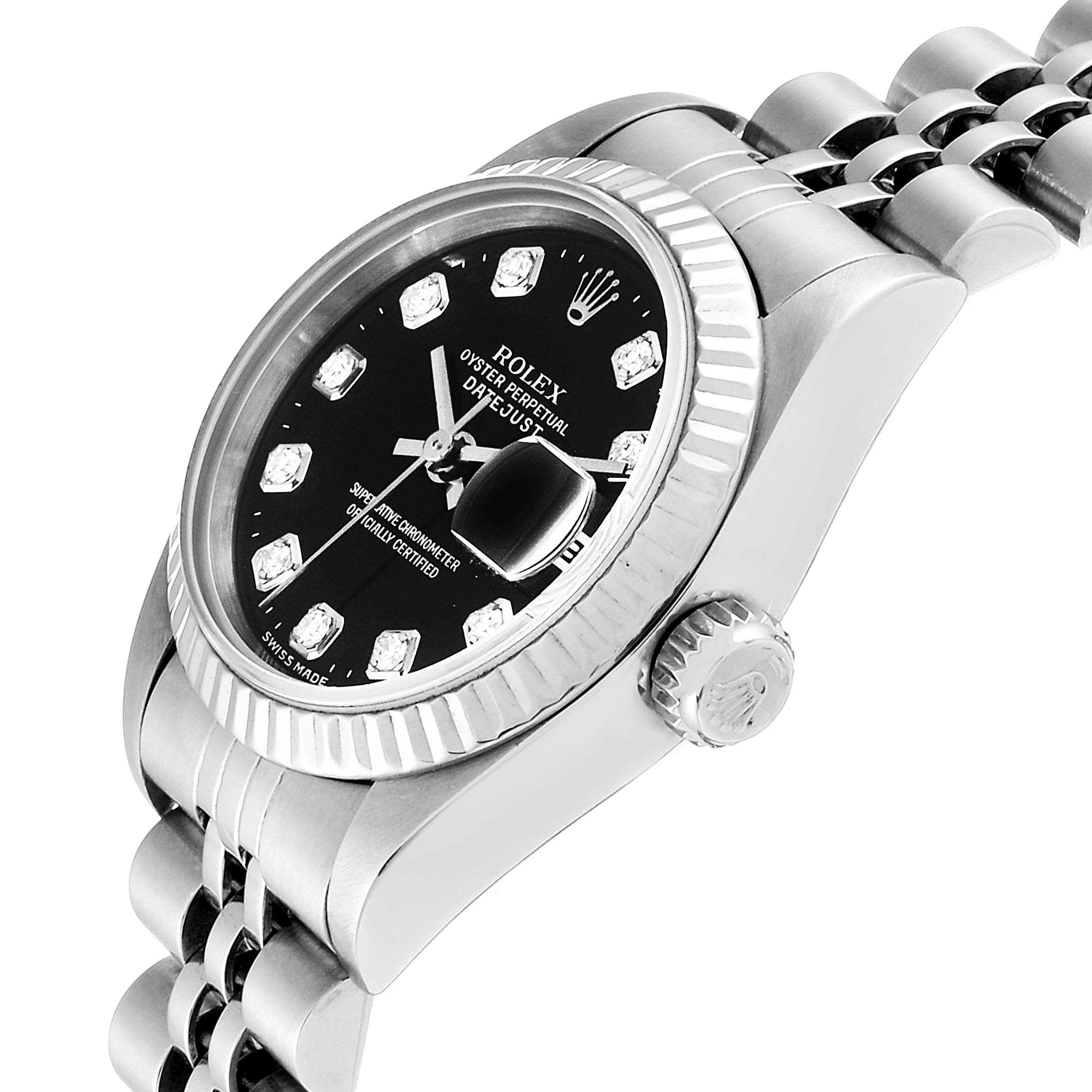 The image shows a side angle of the Rolex Datejust 69174 Women's Stainless Steel Black Dial 69174 Women's Stainless Steel Black Dial watch, highlighting the bezel, crown, and part of the bracelet.