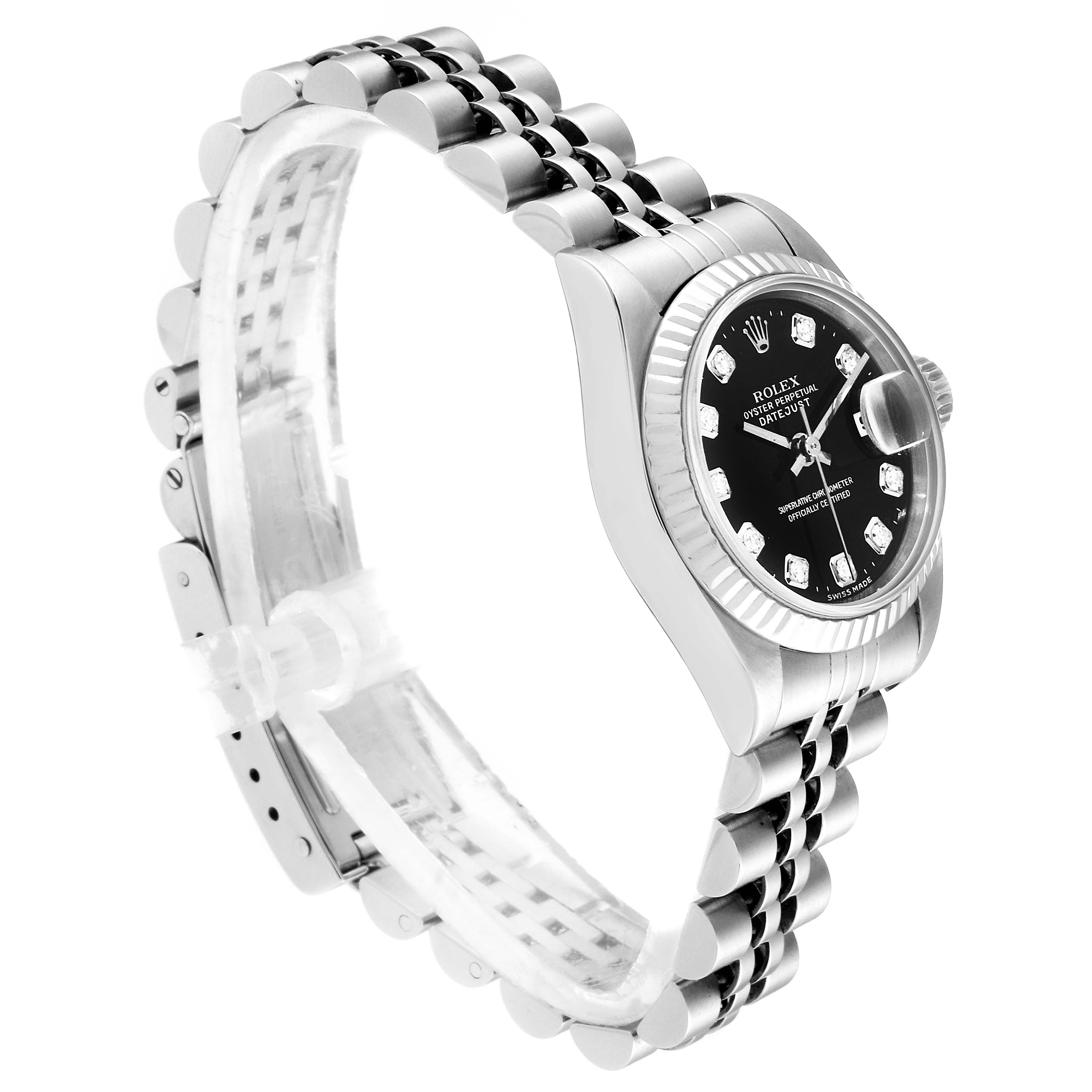 The image shows a side view of a Rolex Datejust 69174 Women's Stainless Steel Black Dial 69174 Women's Stainless Steel Black Dial watch, highlighting its bracelet, bezel, and black dial.