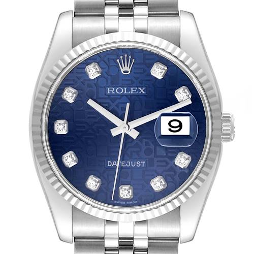 The image shows a front view of a Rolex Datejust watch, highlighting its blue dial, fluted bezel, and diamond hour markers.