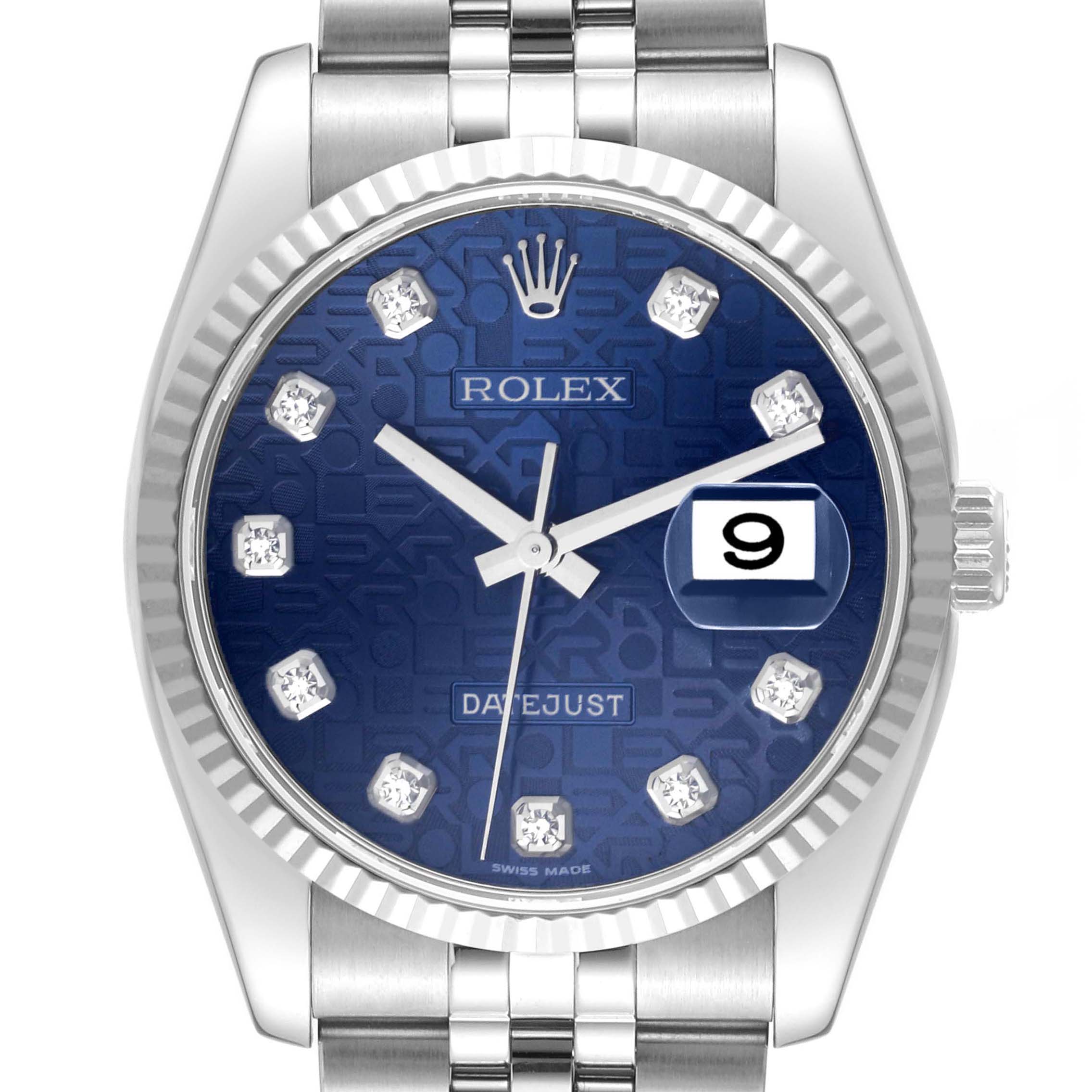 The image shows a frontal view of a Rolex Datejust 116234 Men's Stainless Steel Blue Dial 116234 Men's Stainless Steel Blue Dial watch, displaying its blue dial, date window, and diamond hour markers.
