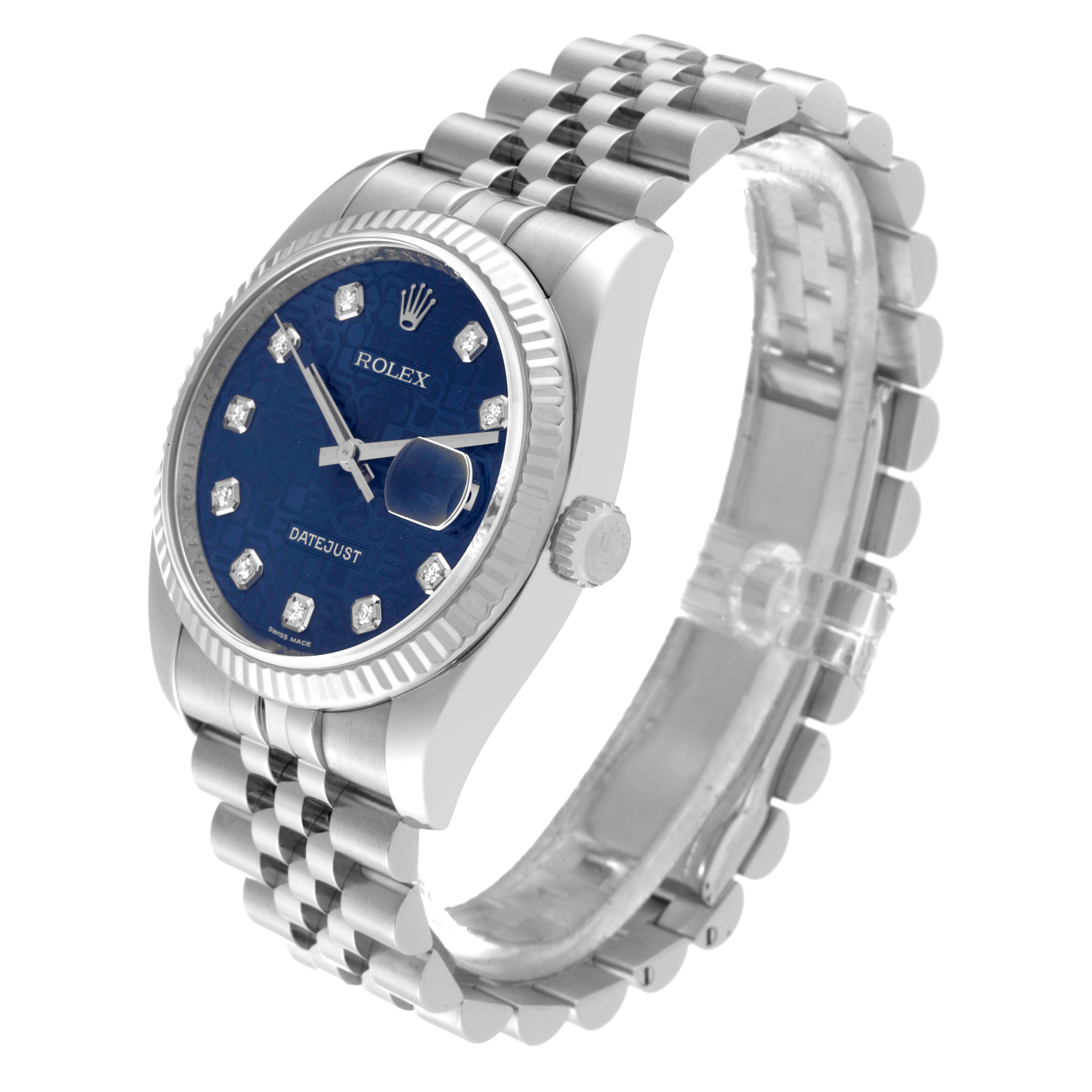 The Rolex Datejust 116234 Men's Stainless Steel Blue Dial 116234 Men's Stainless Steel Blue Dial watch is shown at a three-quarter angle, highlighting the face, bezel, and part of the bracelet.