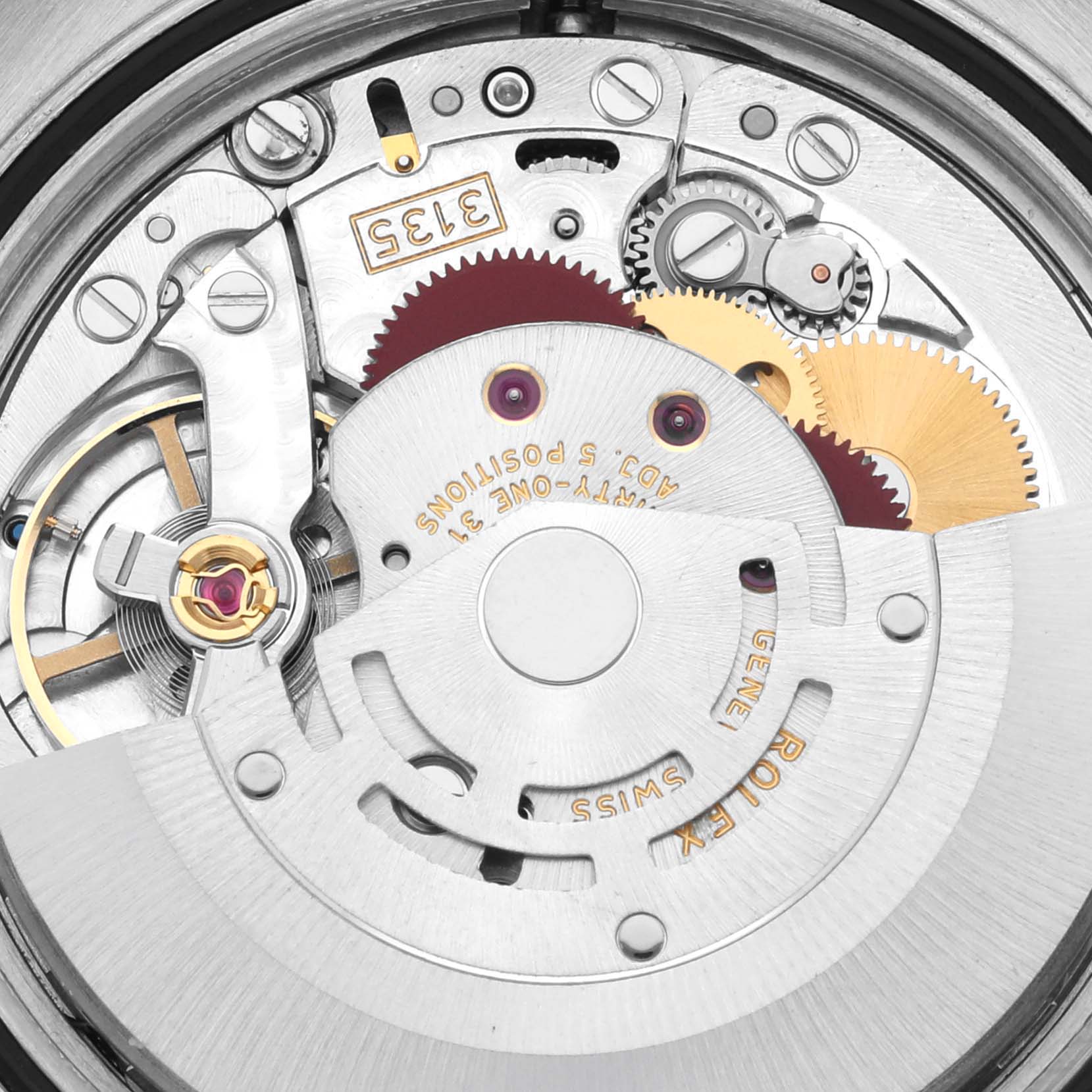 This image shows an internal view of the movement mechanism of a Rolex Datejust 116234 Men's Stainless Steel Blue Dial 116234 Men's Stainless Steel Blue Dial model watch.