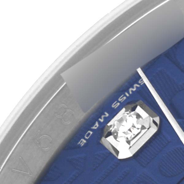The image shows a close-up of the dial and diamond marker of the Rolex Datejust 116234 Men's Stainless Steel Blue Dial 116234 Men's Stainless Steel Blue Dial watch.