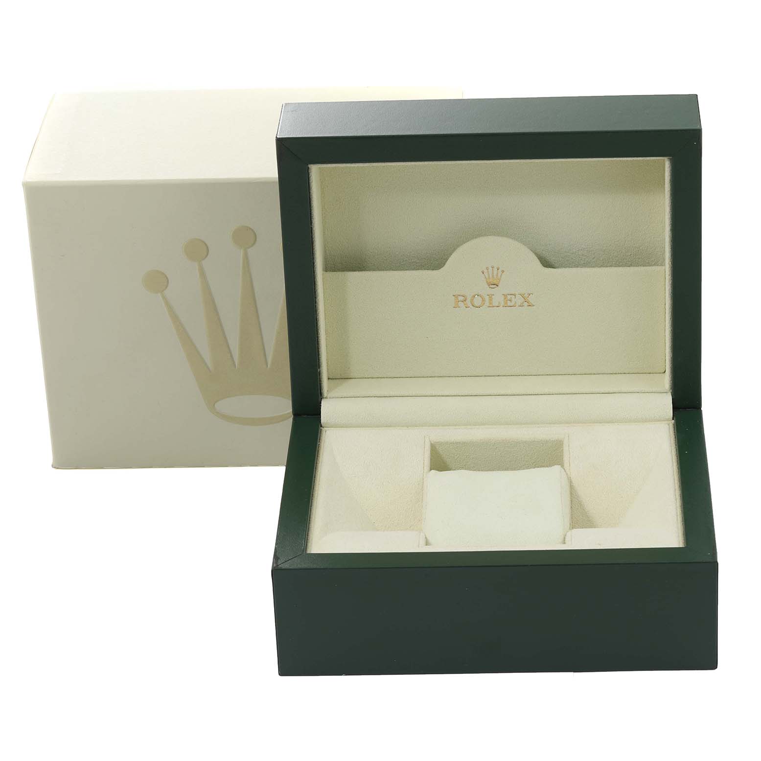 This image shows an open Rolex Datejust 116234 Men's Stainless Steel Blue Dial 116234 Men's Stainless Steel Blue Dial watch box with its green exterior and cream interior, along with the outer cardboard box.