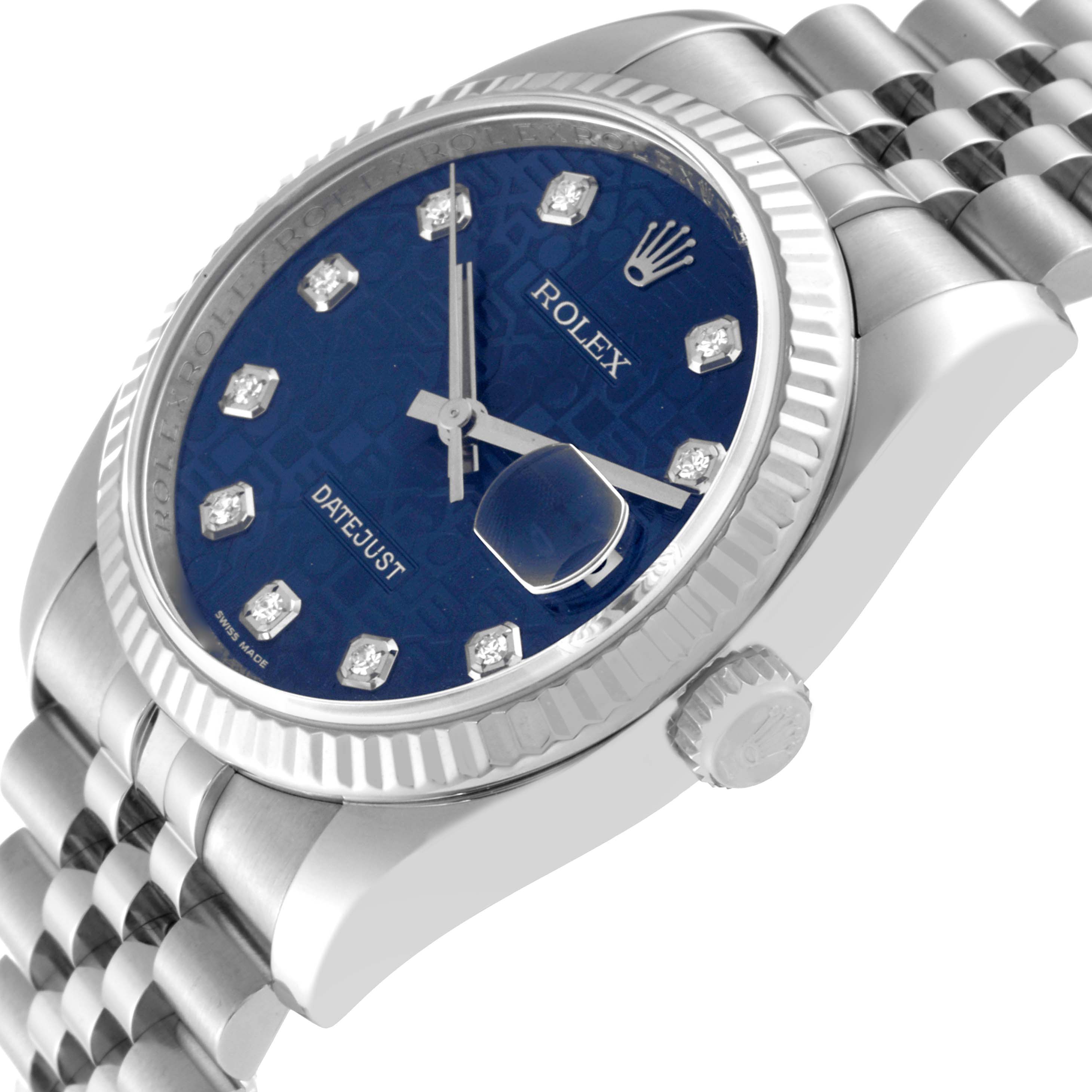 This image shows a Rolex Datejust 116234 Men's Stainless Steel Blue Dial 116234 Men's Stainless Steel Blue Dial watch at an angle highlighting the face, bezel, crown, and a part of the bracelet.