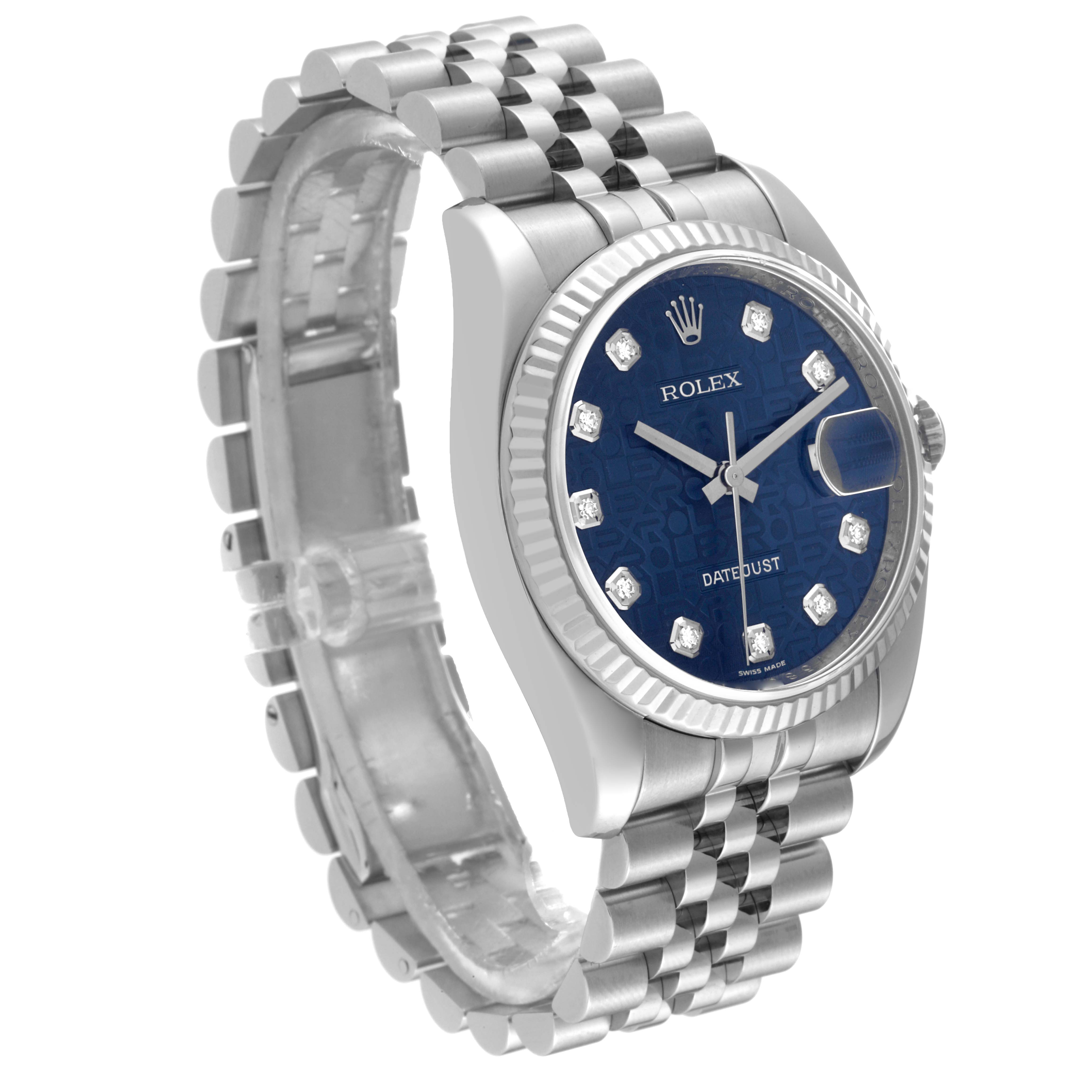This Rolex Datejust 116234 Men's Stainless Steel Blue Dial 116234 Men's Stainless Steel Blue Dial watch is shown at an angled view, displaying the dial, bezel, and Jubilee bracelet.