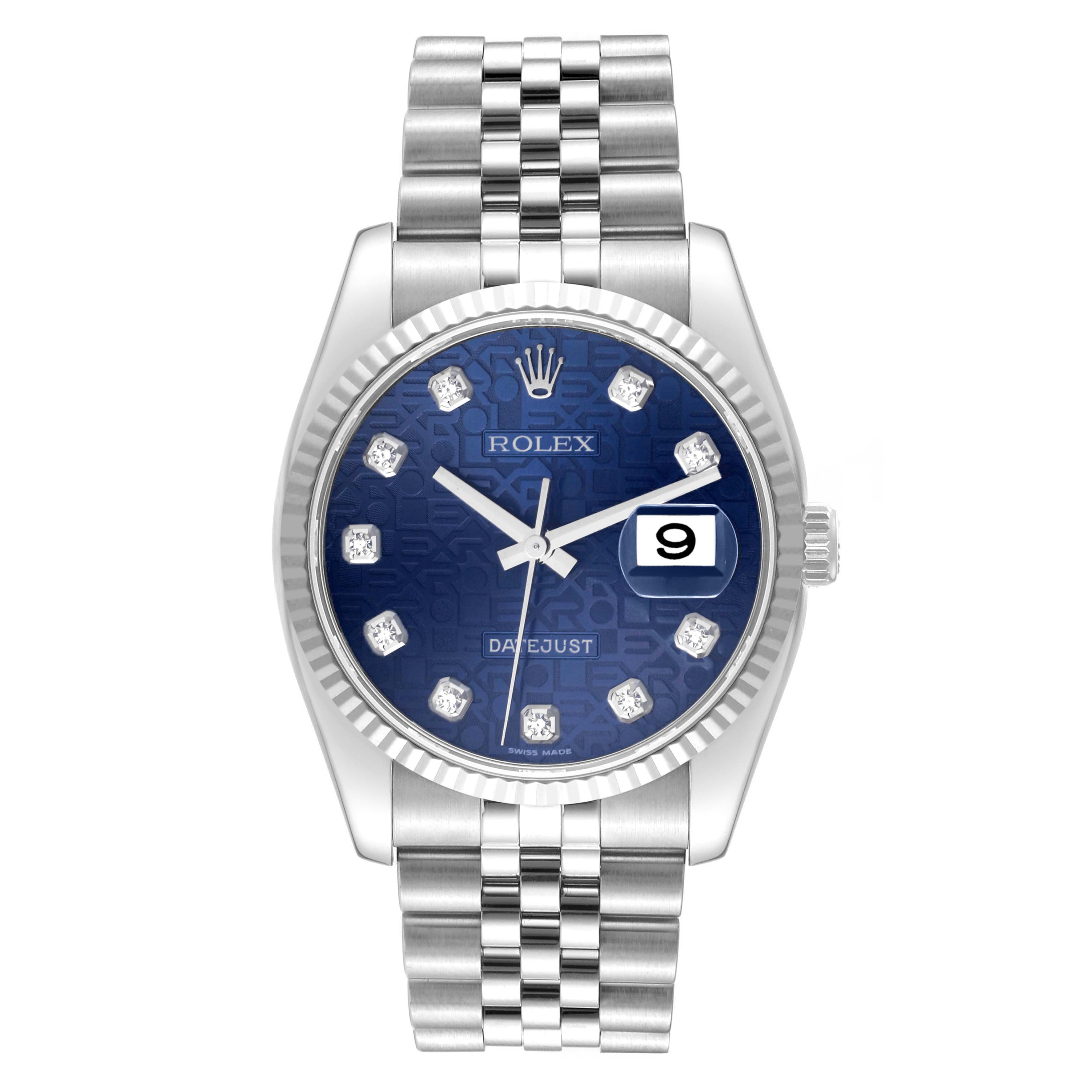 The image shows a Rolex Datejust 116234 Men's Stainless Steel Blue Dial 116234 Men's Stainless Steel Blue Dial watch from the front, displaying its blue dial, date window, and silver bracelet.